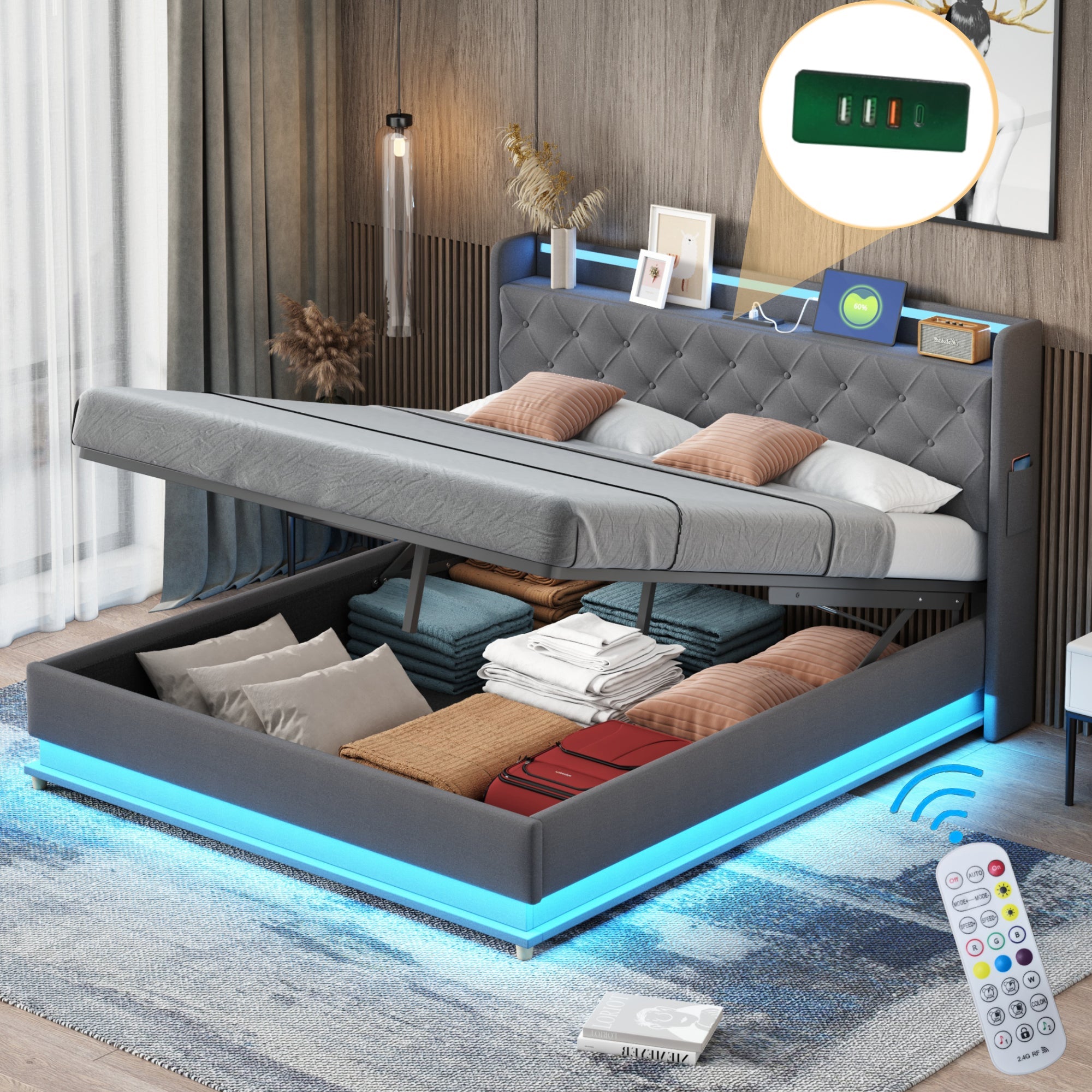 Logidon LED gestoffeerd bed 160x200 USB-oplaadpoort hydraulisch gelagerd