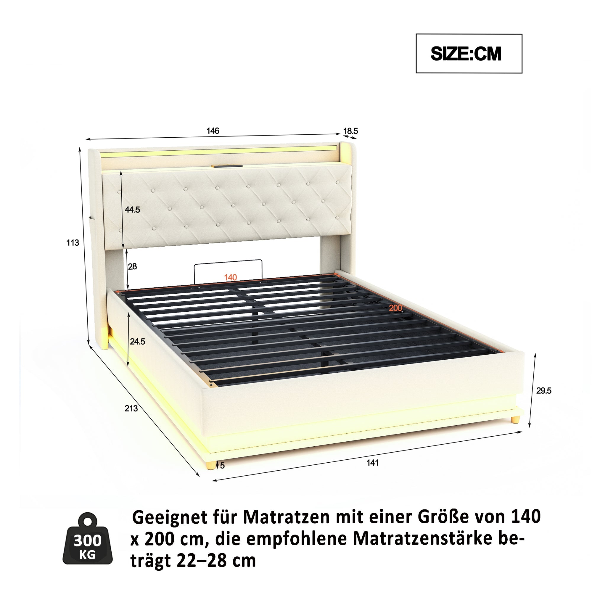Logidon LED gestoffeerd bed 140x200 beige USB-oplaadpoort en opbergruimte