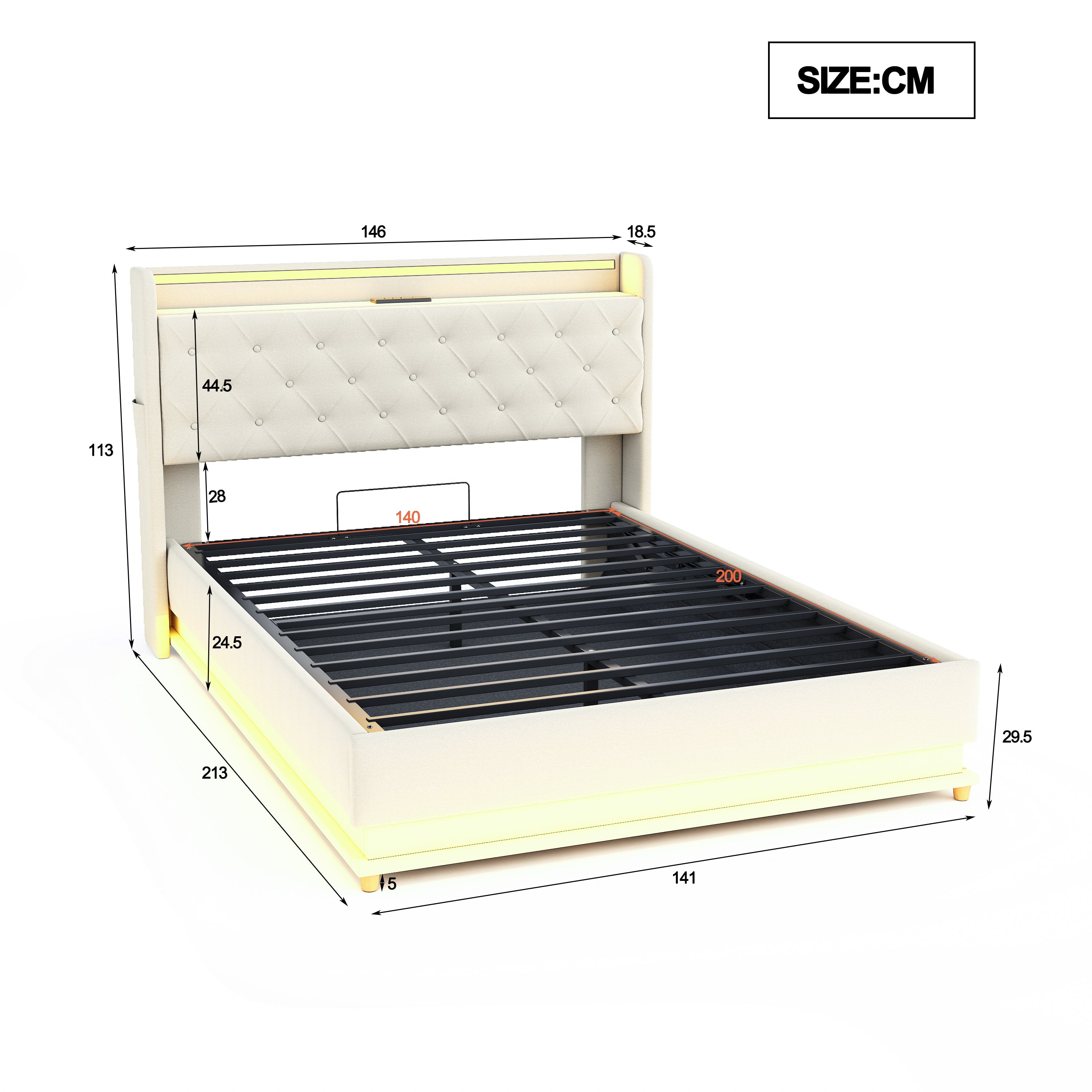 Logidon LED gestoffeerd bed 140x200 beige USB-oplaadpoort en opbergruimte