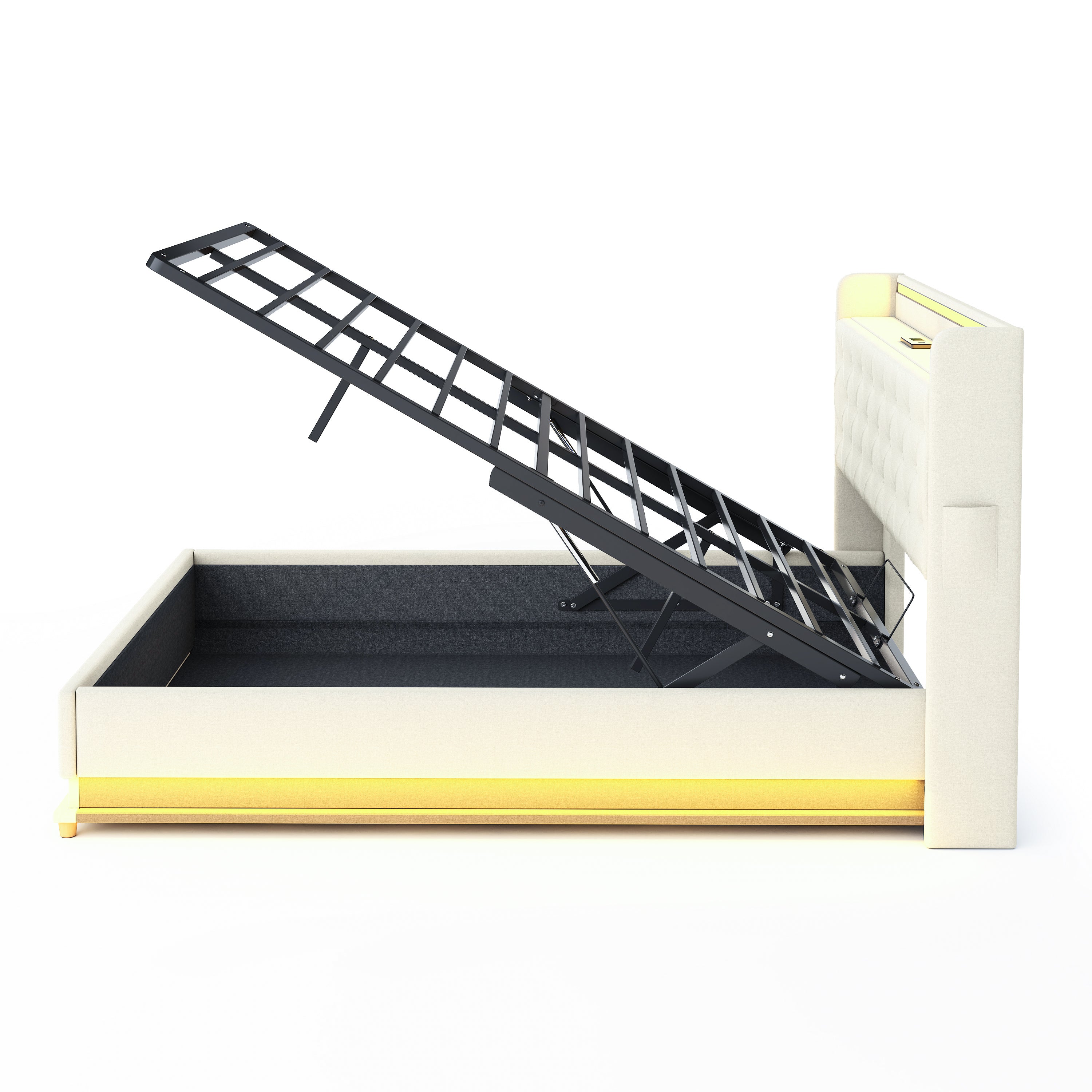 Logidon LED gestoffeerd bed 140x200 beige USB-oplaadpoort en opbergruimte