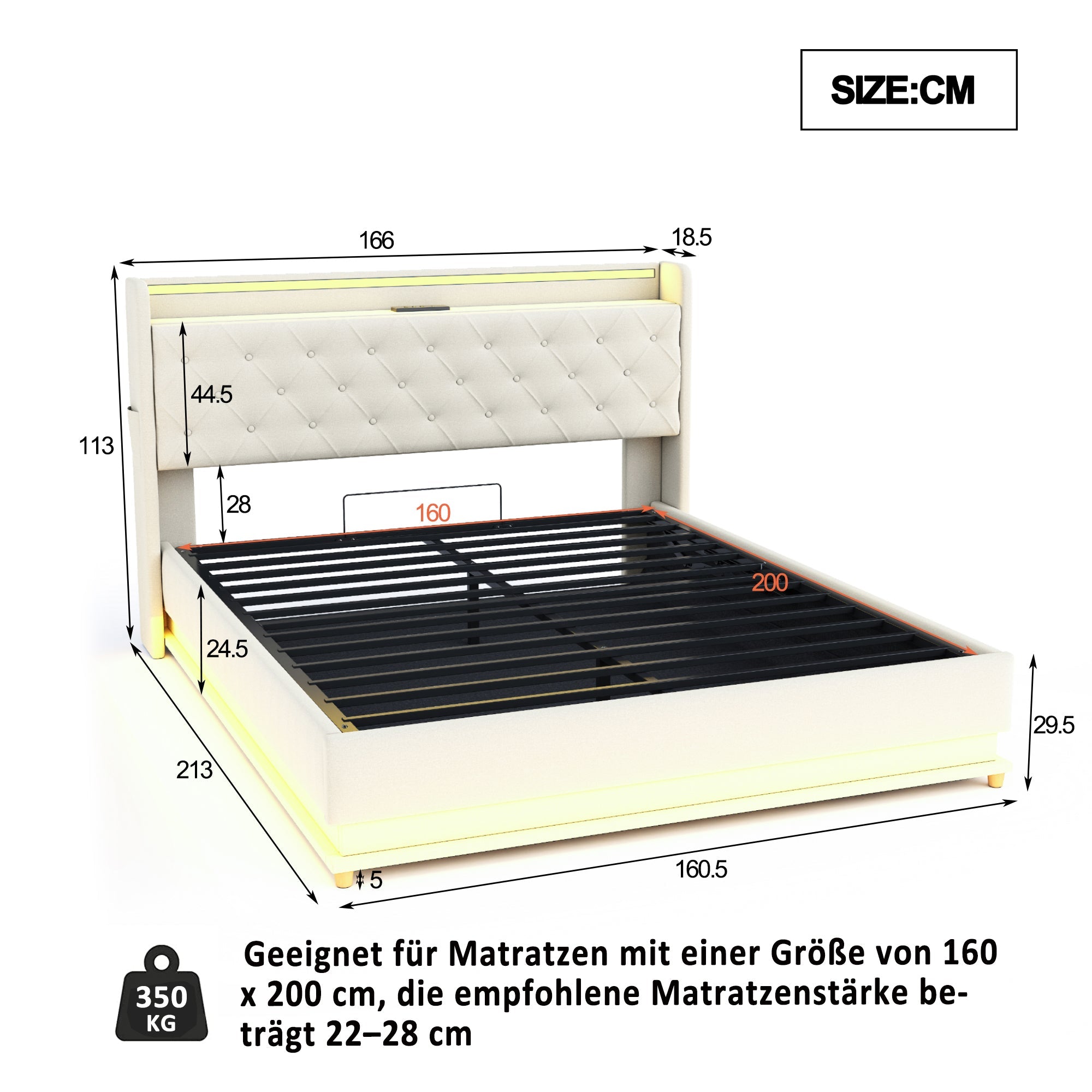 Logidon LED upholstered bed 160x200 beige with USB charging port