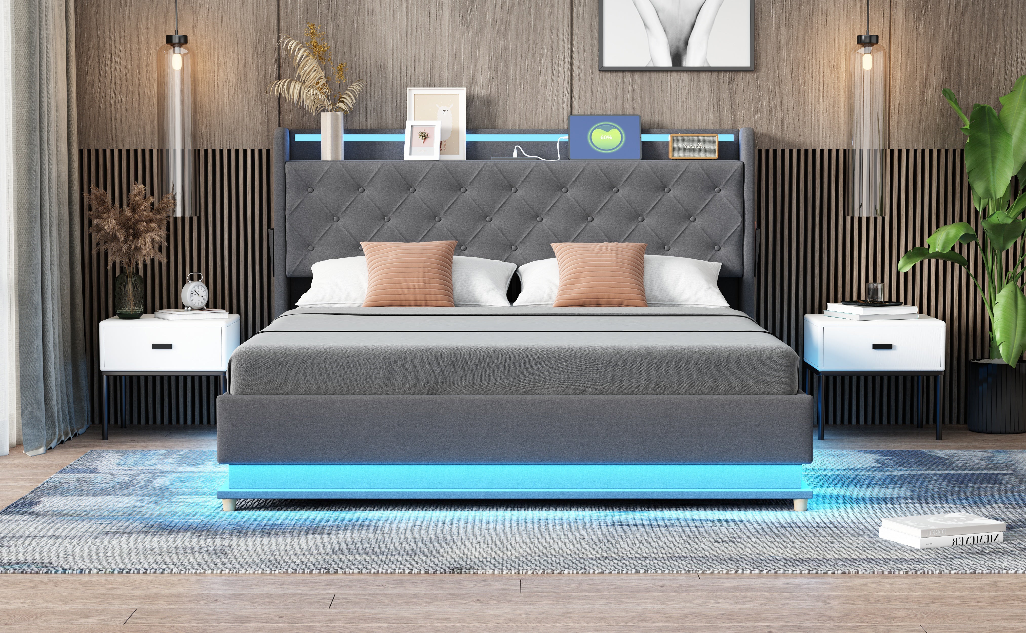 Logidon LED upholstered bed 160x200 USB charging port hydraulic bearing
