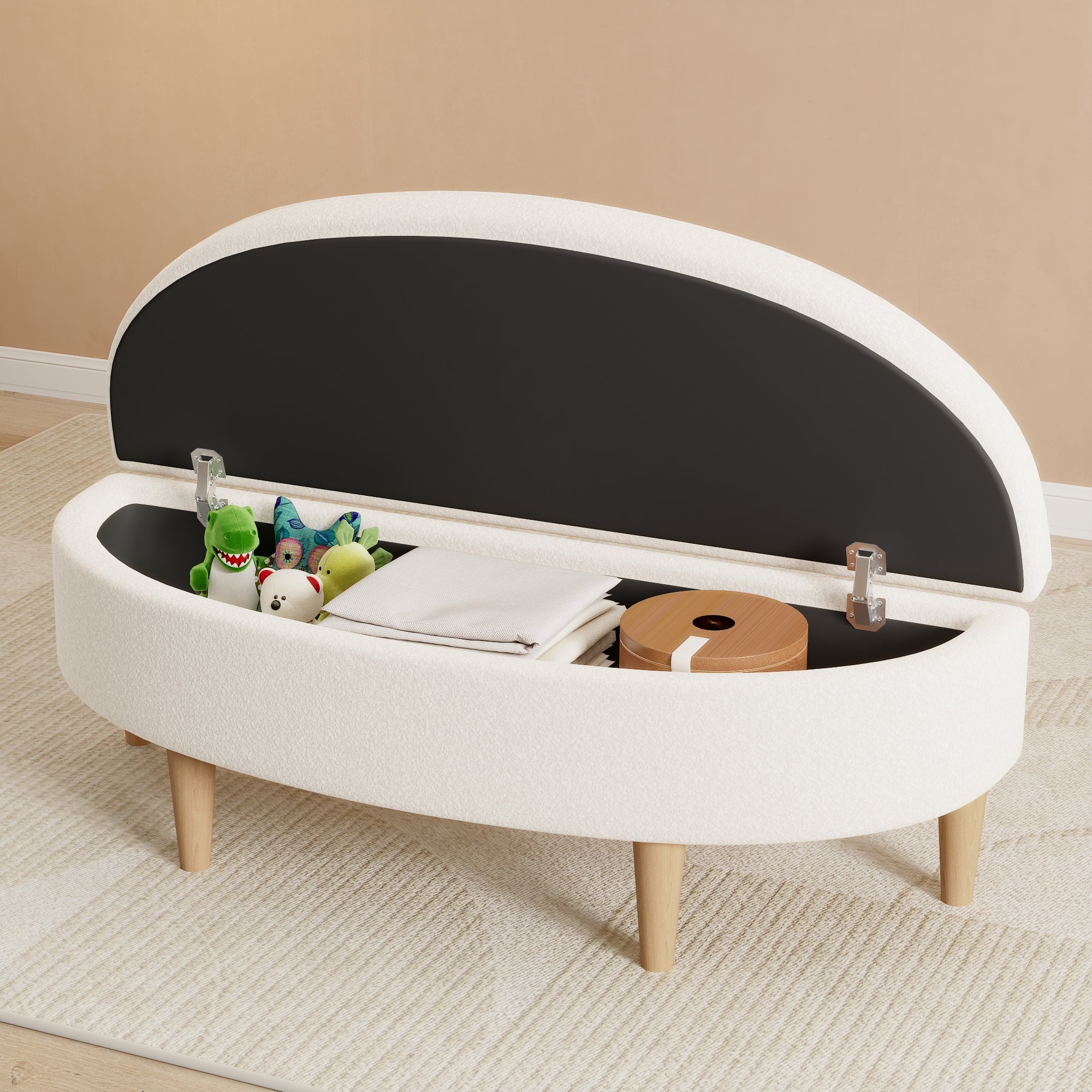 Logidon Half Round Upholstered Bench White With Storage Space And Wooden Legs