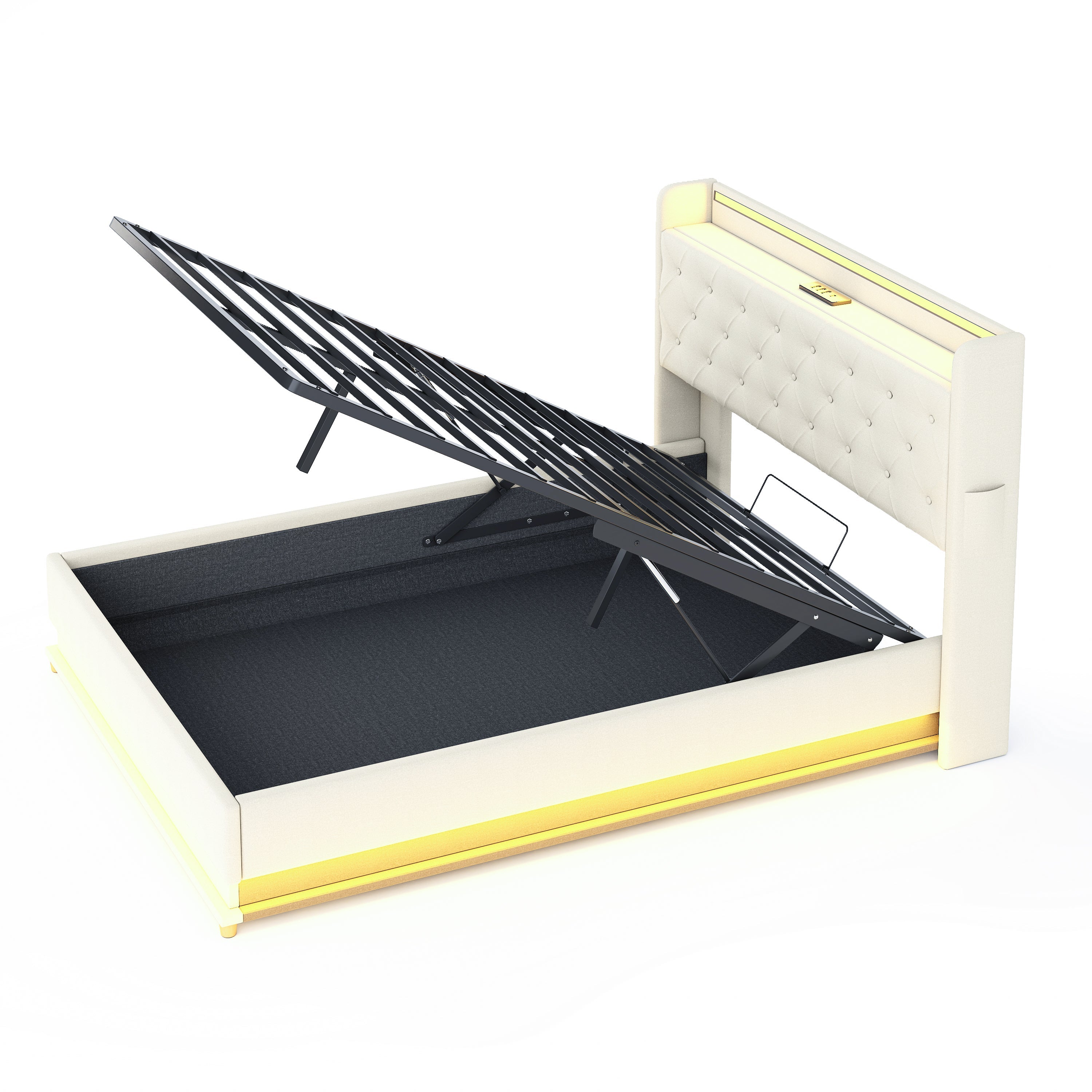 Logidon LED gestoffeerd bed 140x200 beige USB-oplaadpoort en opbergruimte