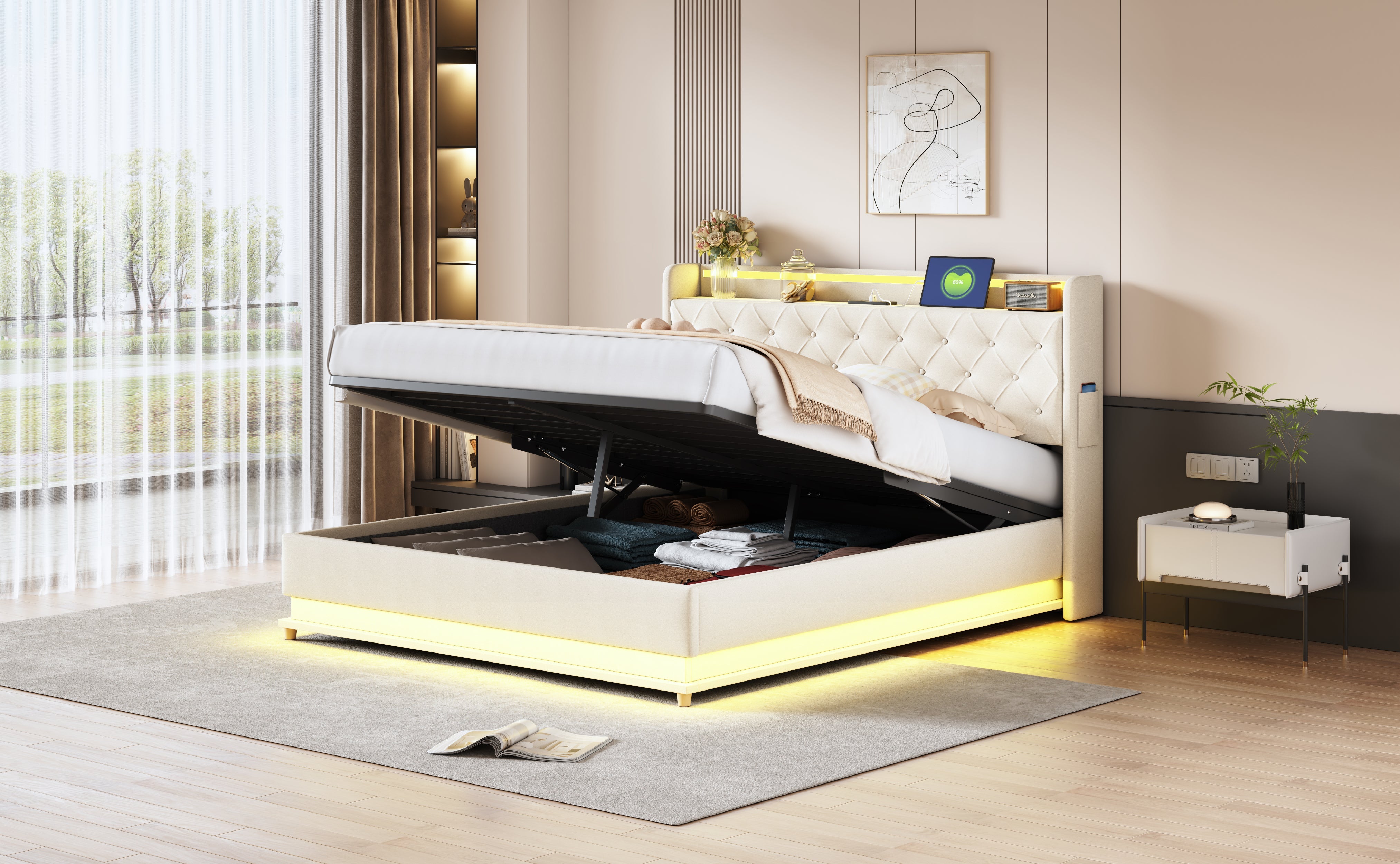 Logidon LED upholstered bed 160x200 beige with USB charging port