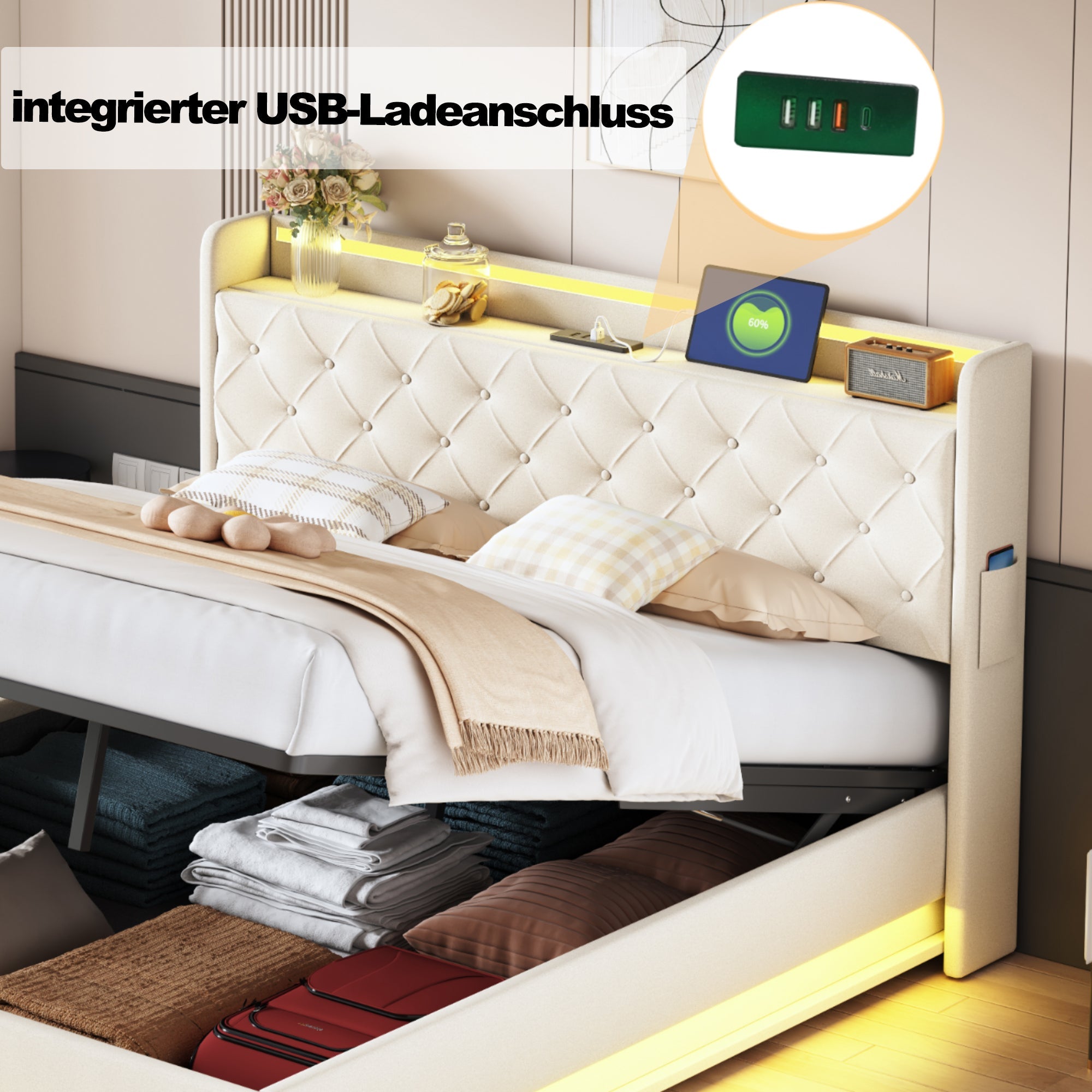 Logidon LED upholstered bed 160x200 beige with USB charging port