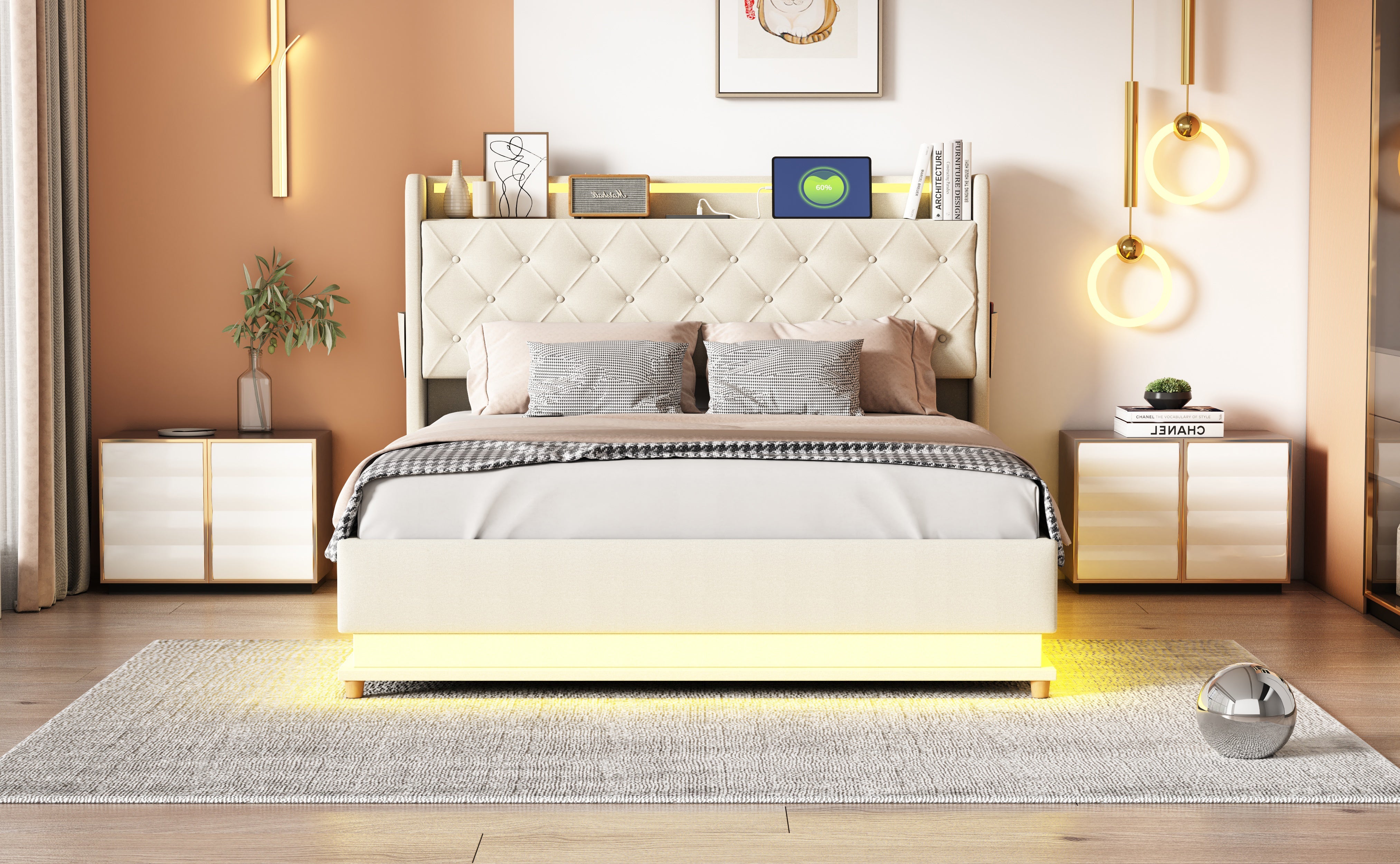Logidon LED gestoffeerd bed 140x200 beige USB-oplaadpoort en opbergruimte