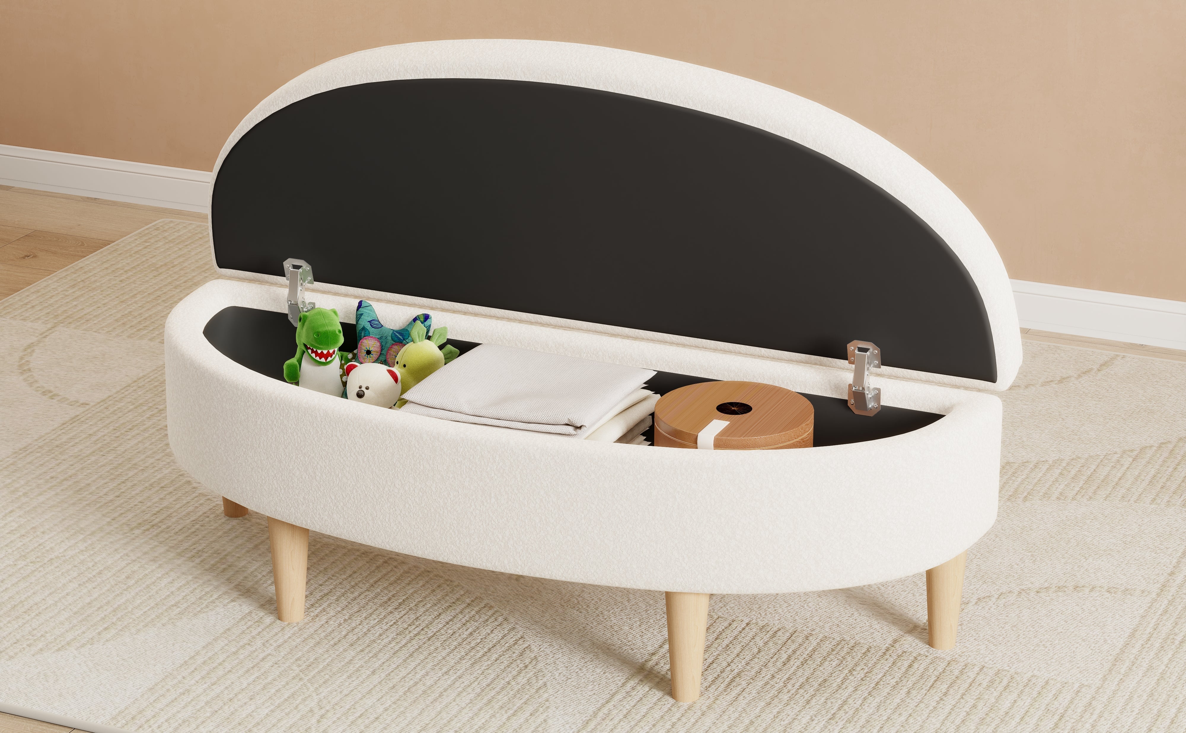 Logidon Half Round Upholstered Bench White With Storage Space And Wooden Legs