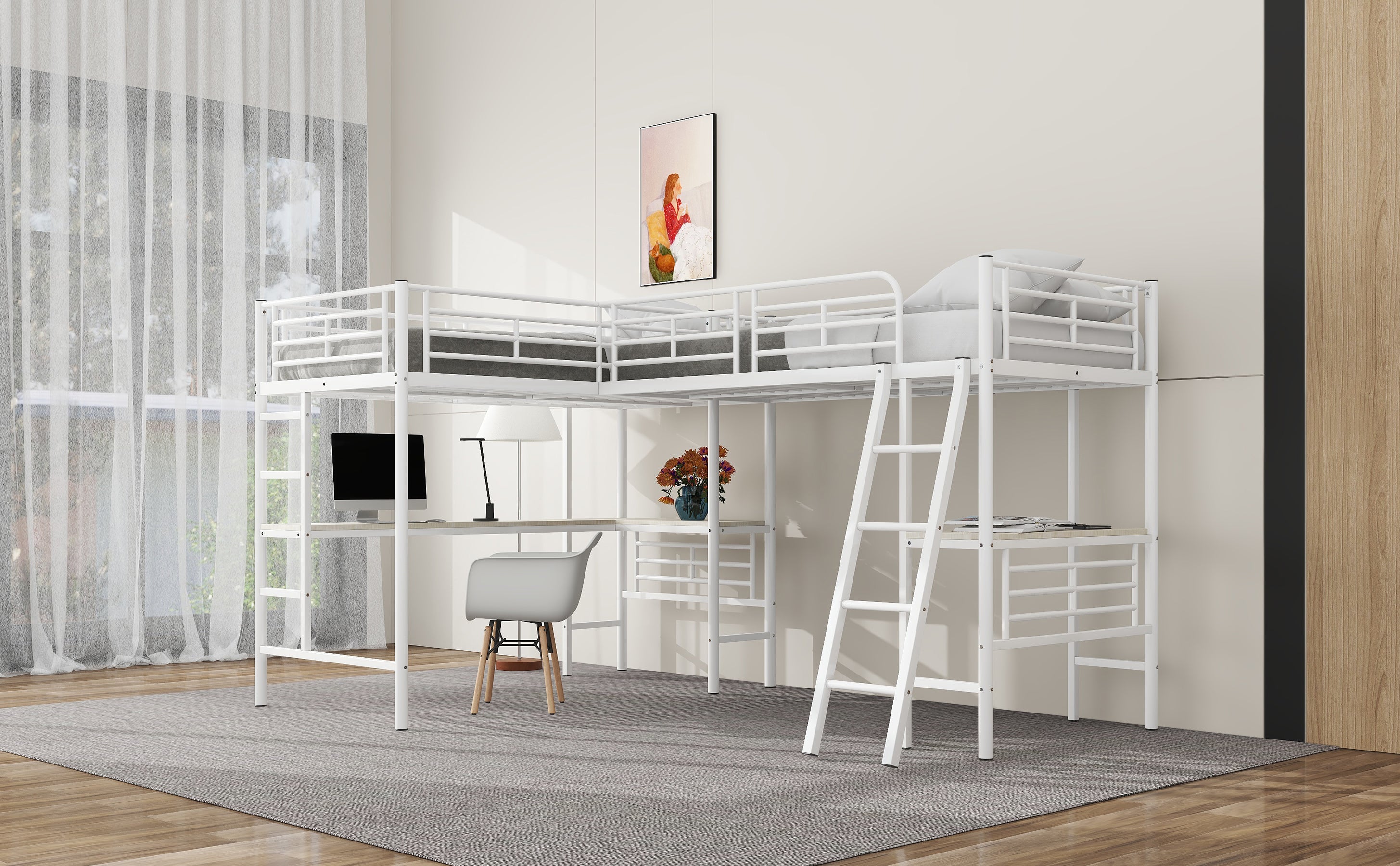 Logidon hoogslaper 90x200 cm met tafel onder het bed wit