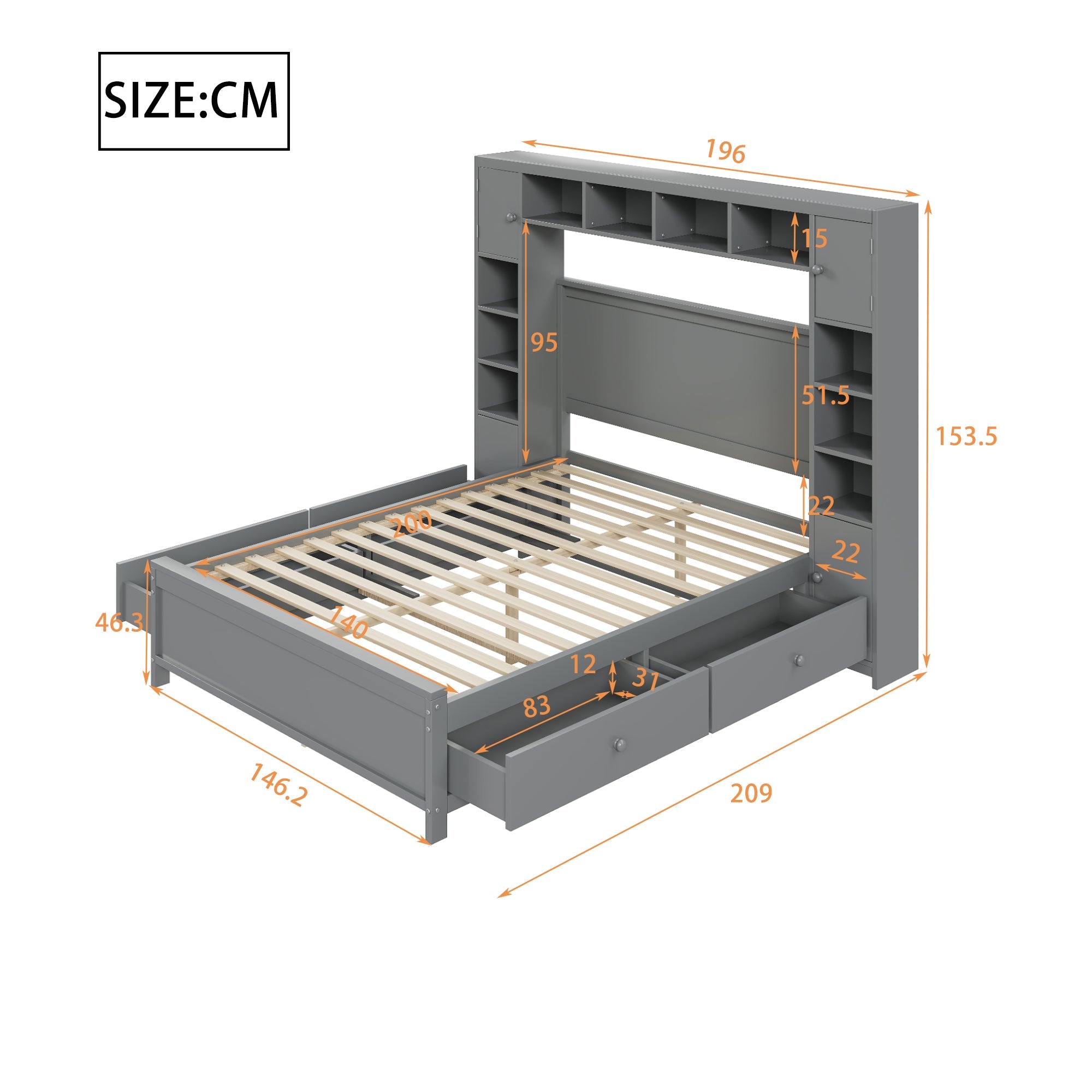 Logidon bedframe 140x200 met opbergruimte grijs 4 lades