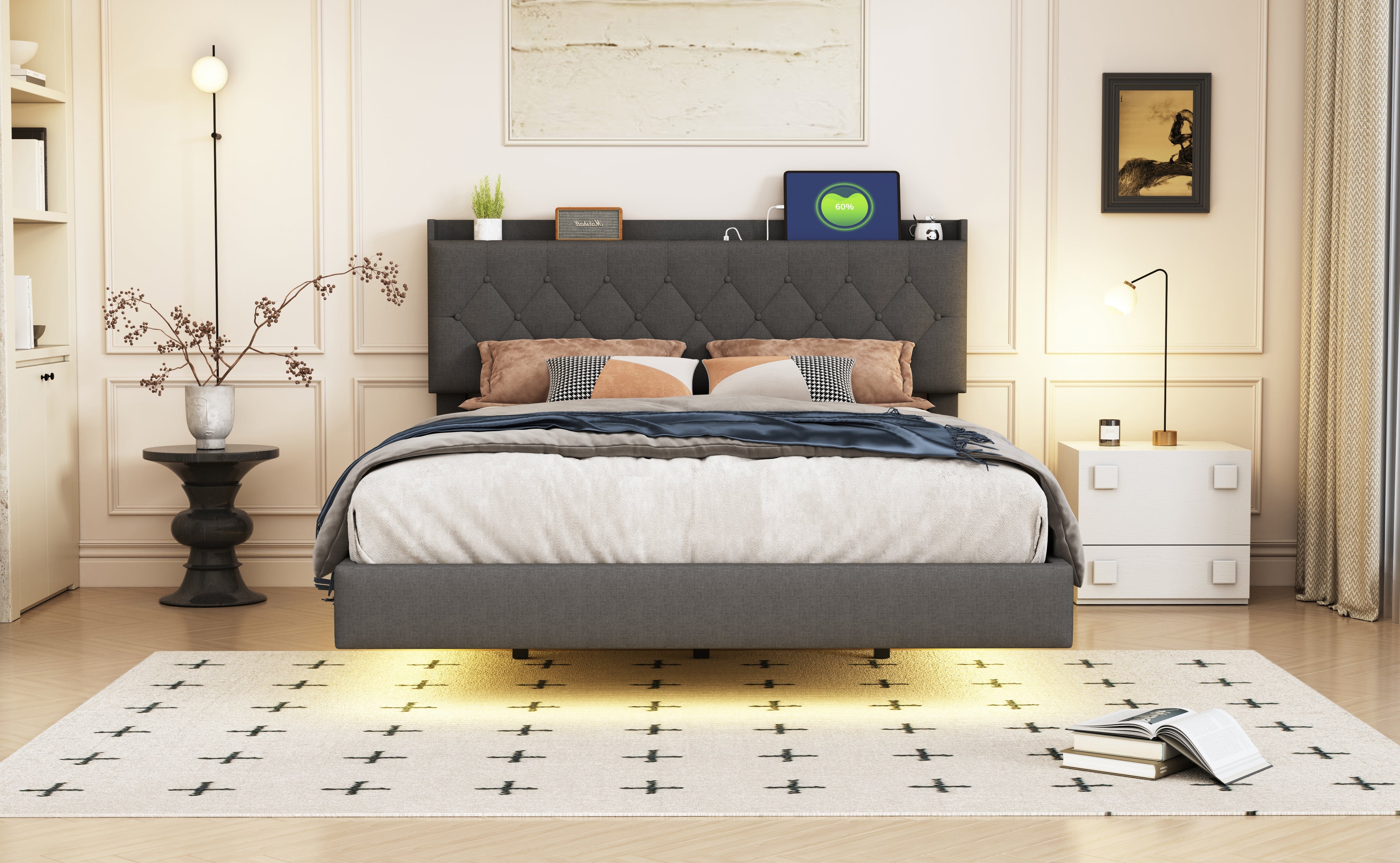 Logidon gestoffeerd bed 140x200 cm grijs met USB oplaadpunt LED lichtstrip