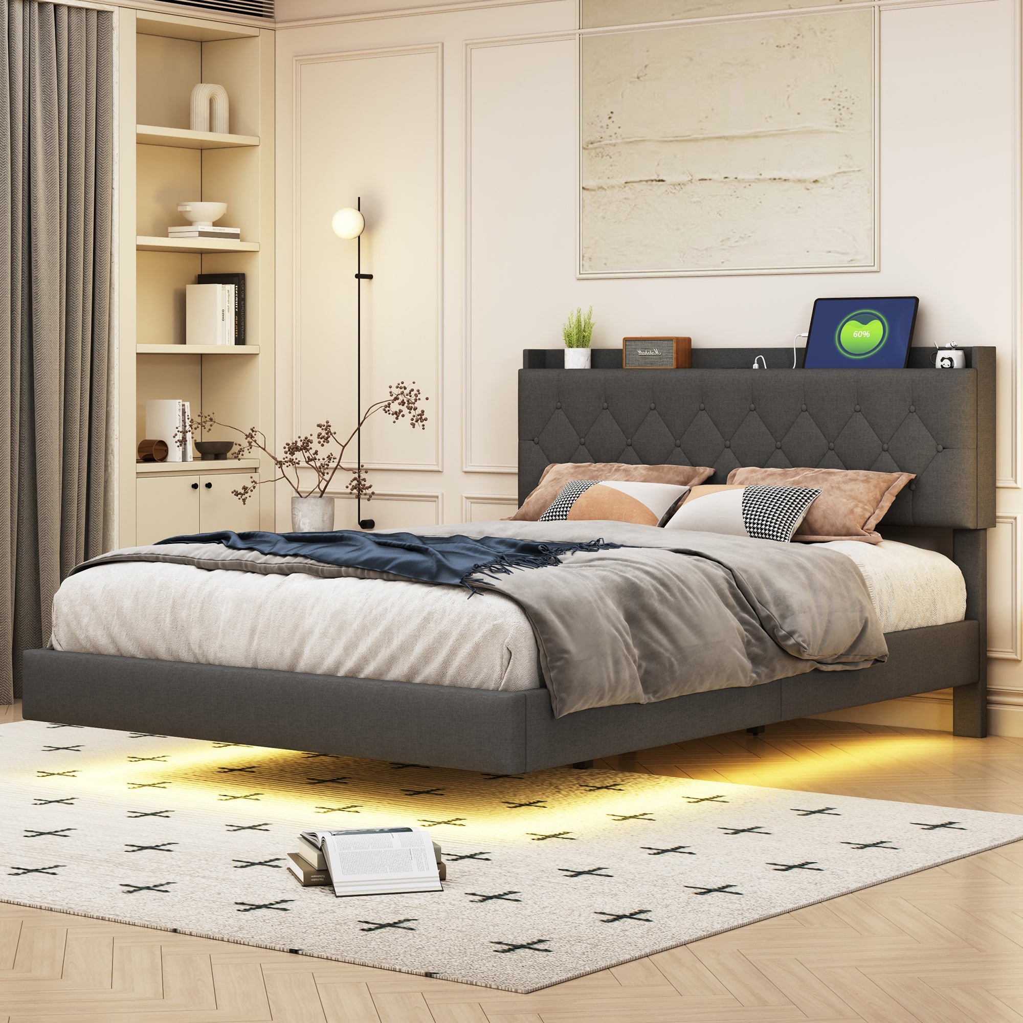 Logidon gestoffeerd bed 140x200 cm grijs met USB oplaadpunt LED lichtstrip