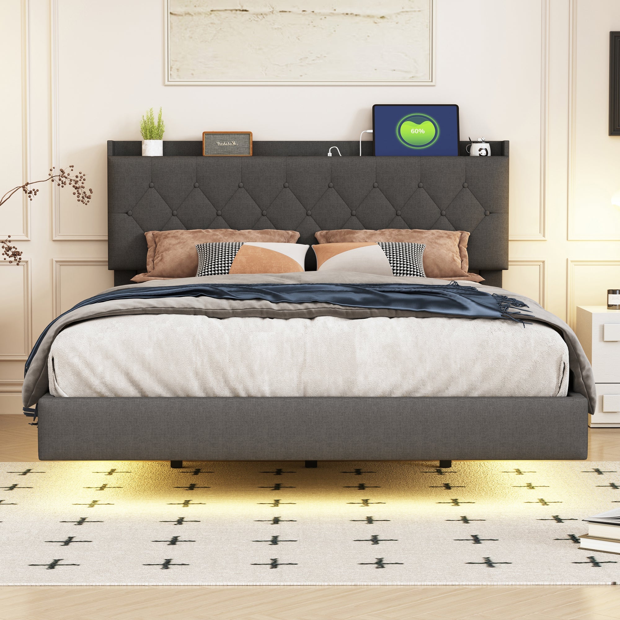 Logidon gestoffeerd bed 140x200 cm grijs met USB oplaadpunt LED lichtstrip