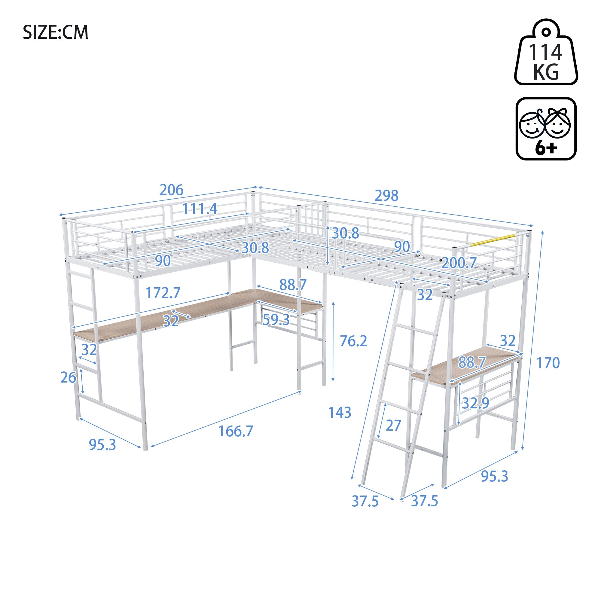 Logidon hoogslaper 90x200 cm met tafel onder het bed wit
