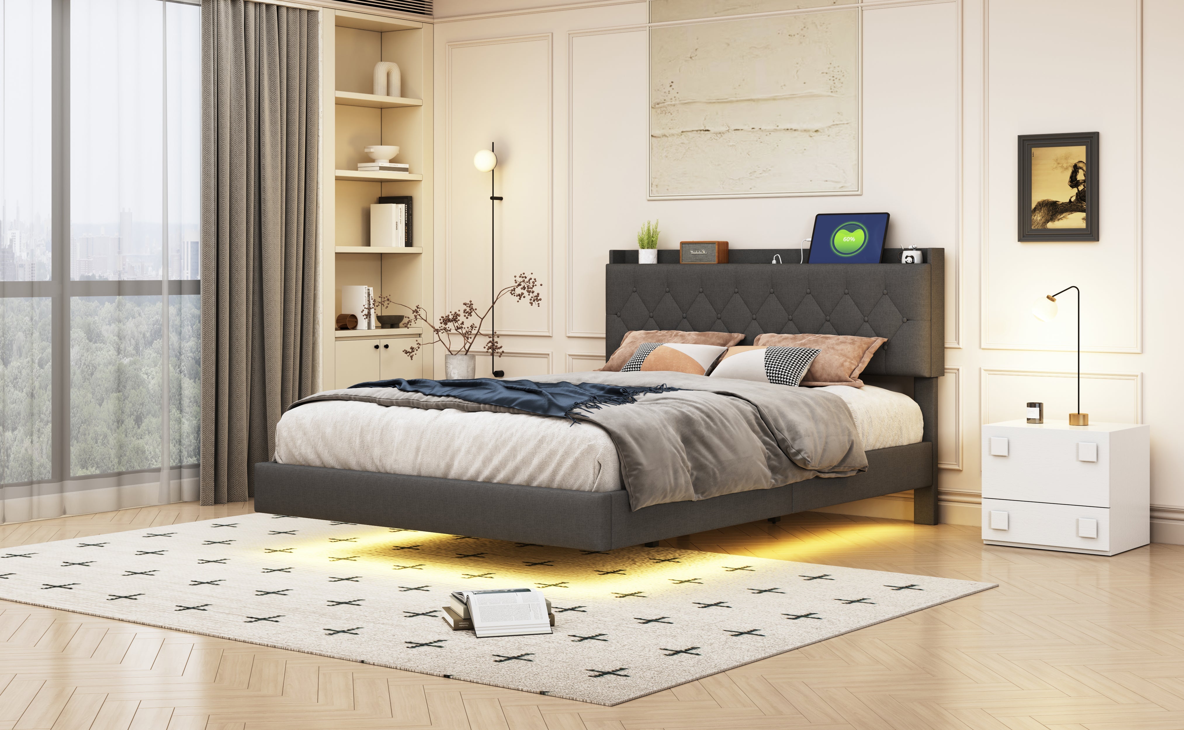 Logidon gestoffeerd bed 140x200 cm grijs met USB oplaadpunt LED lichtstrip
