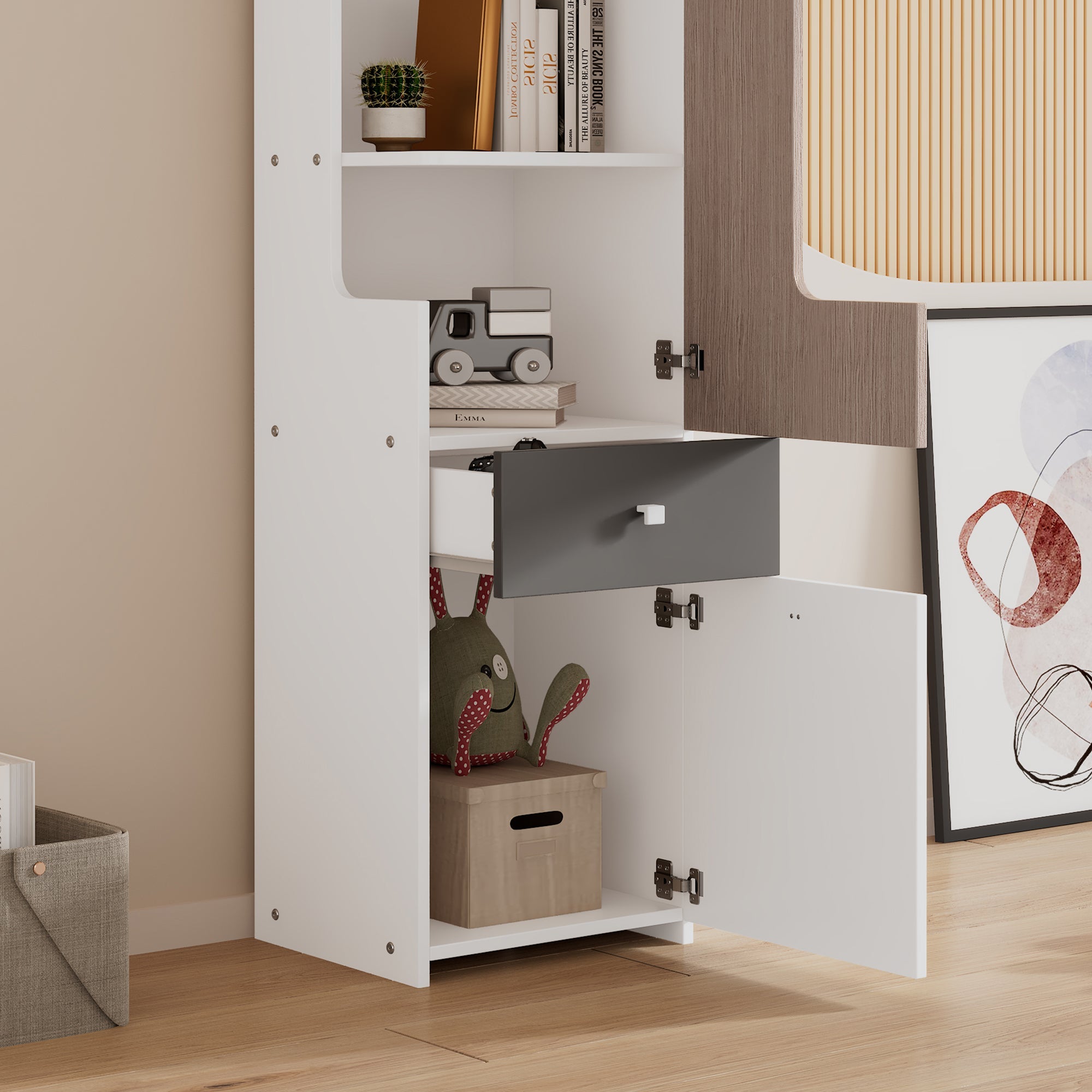 Logidon Tall Bookcase White Gray 184 cm With L-Shaped Door And Drawer