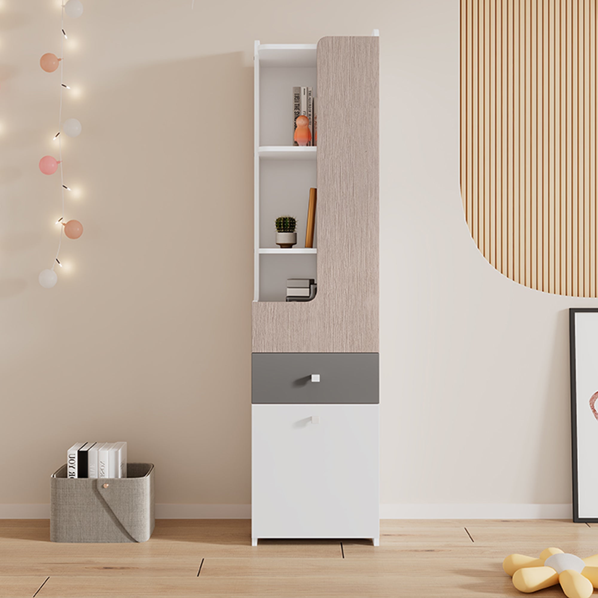Logidon Tall Bookcase White Gray 184 cm With L-Shaped Door And Drawer