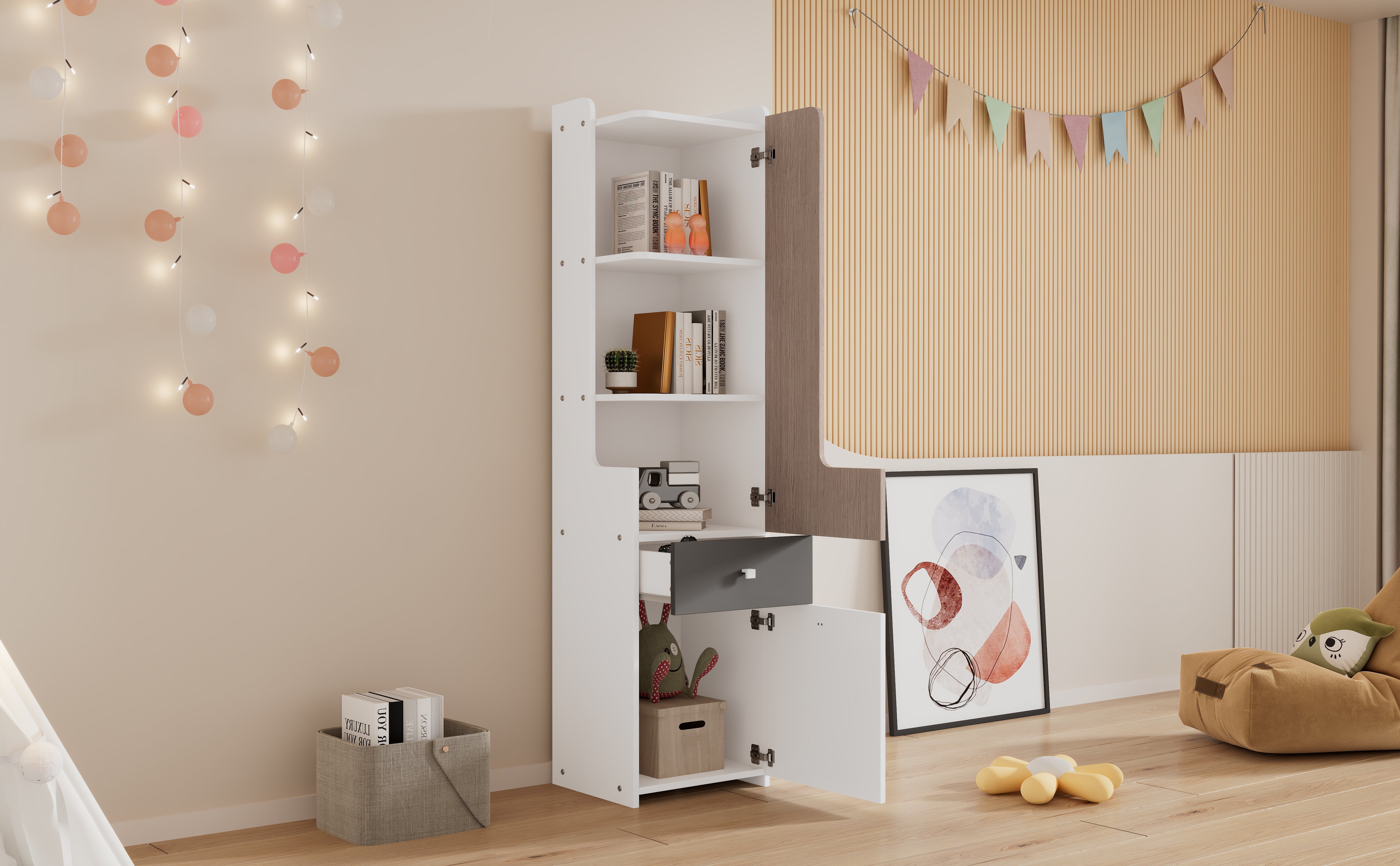 Logidon Tall Bookcase White Gray 184 cm With L-Shaped Door And Drawer