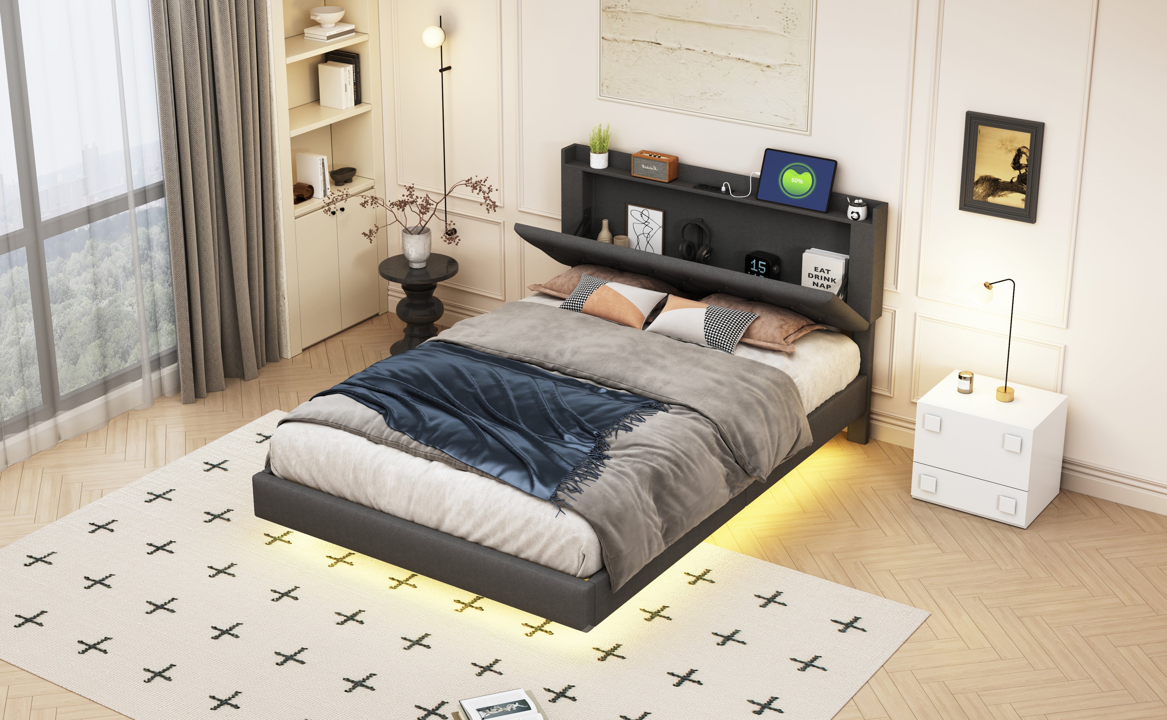 Logidon gestoffeerd bed 140x200 cm grijs met USB oplaadpunt LED lichtstrip