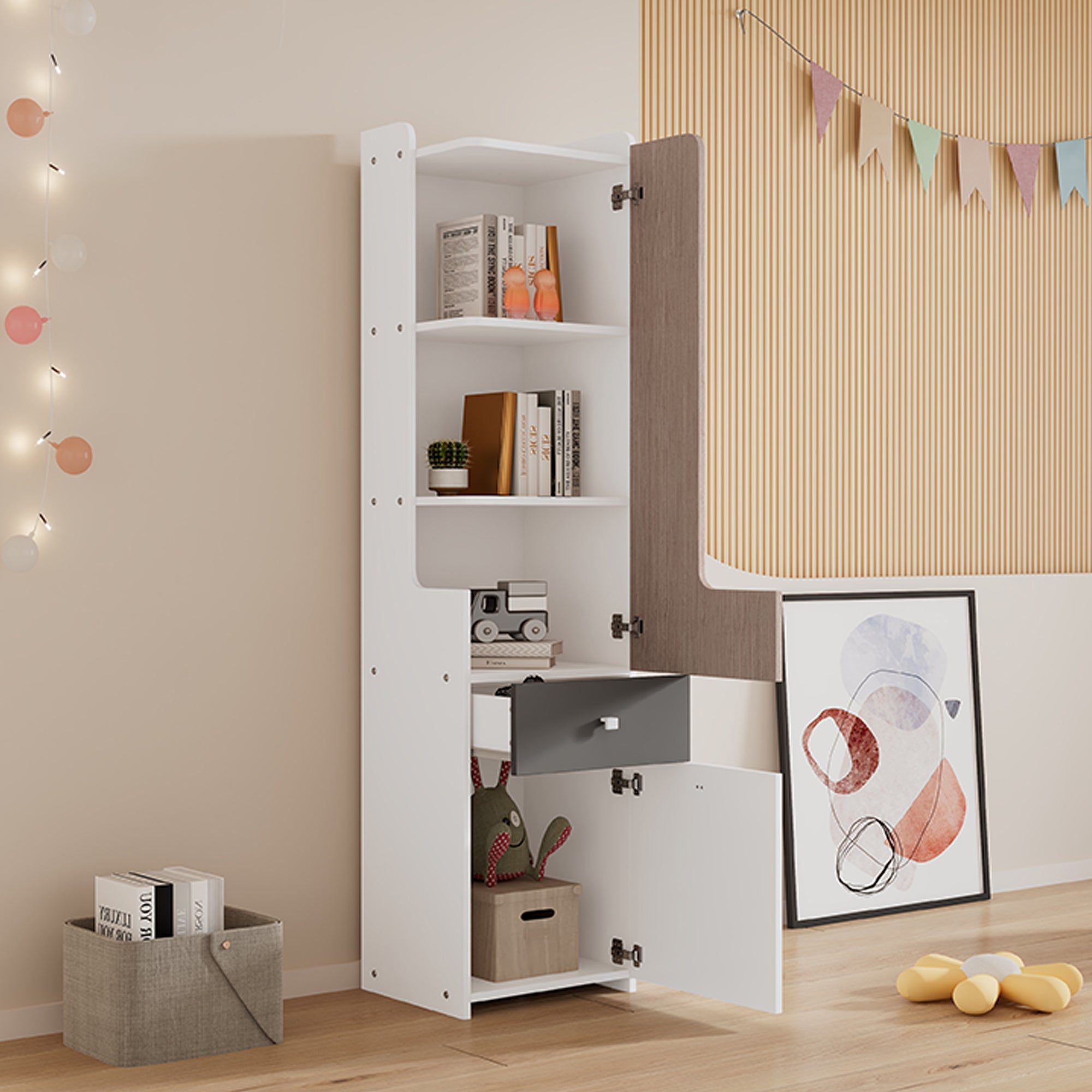 Logidon Tall Bookcase White Gray 184 cm With L-Shaped Door And Drawer