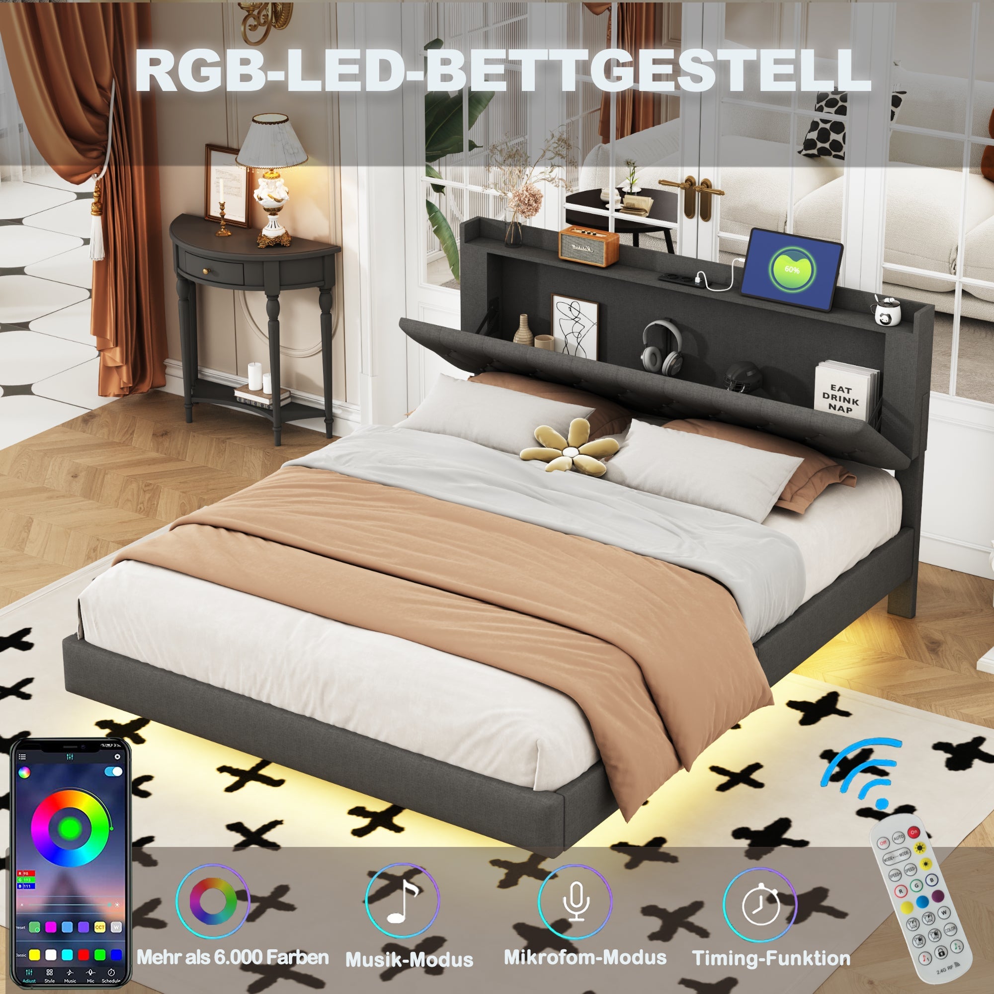 Logidon gestoffeerd bed 160x200 grijs USB-oplaadpoort LED-lichtstrip