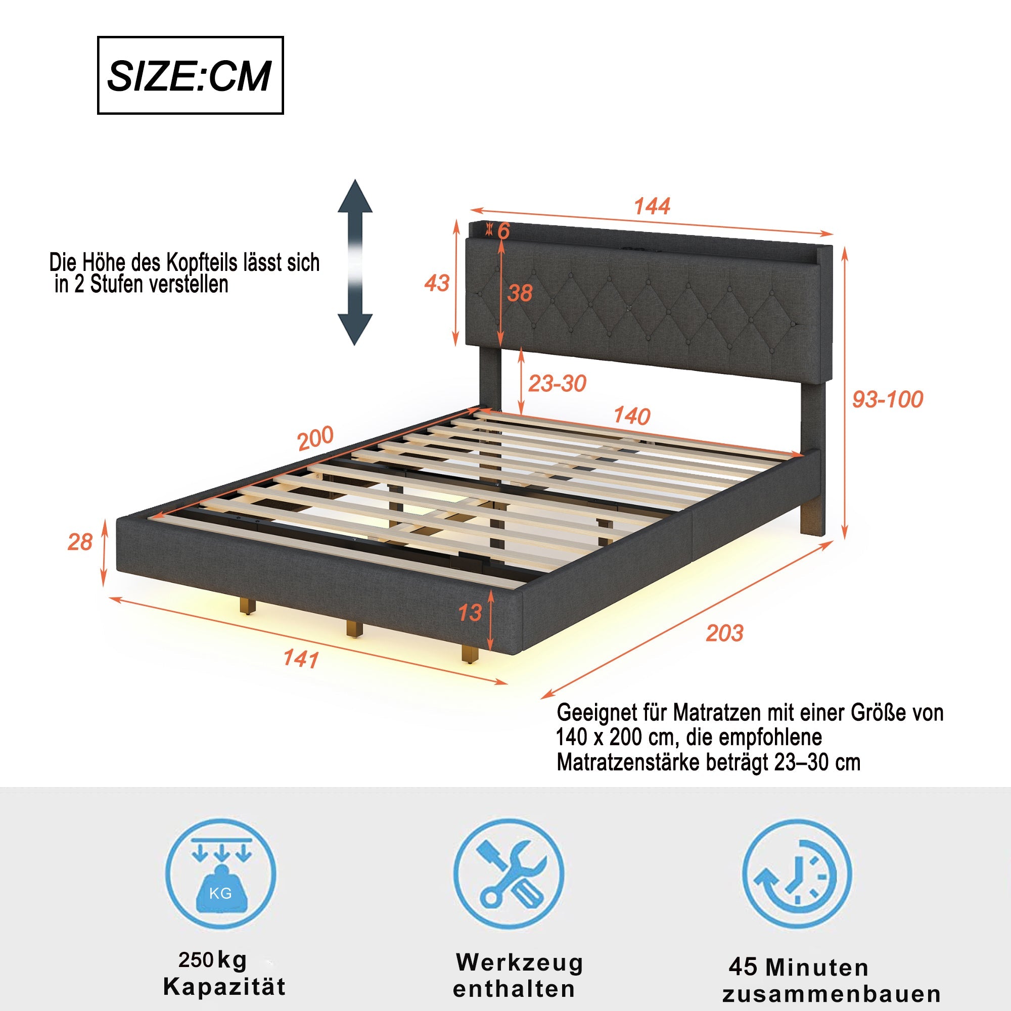 Logidon gestoffeerd bed 140x200 cm grijs met USB oplaadpunt LED lichtstrip