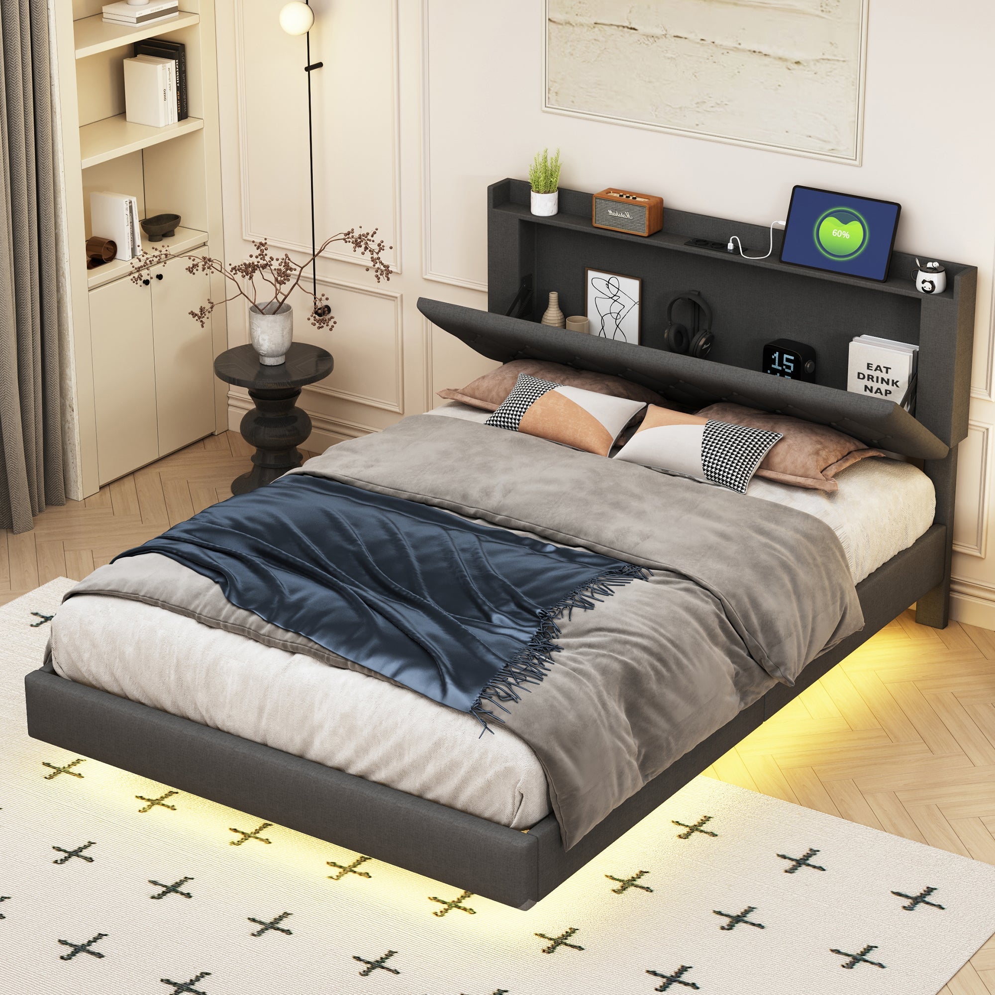 Logidon gestoffeerd bed 140x200 cm grijs met USB oplaadpunt LED lichtstrip