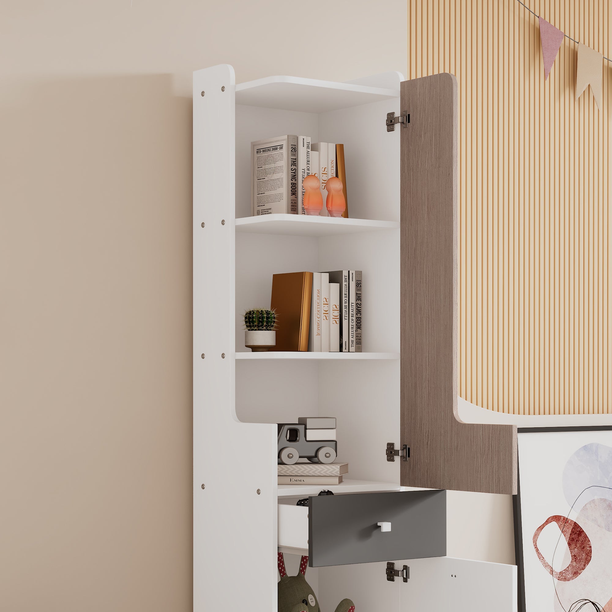 Logidon Tall Bookcase White Gray 184 cm With L-Shaped Door And Drawer