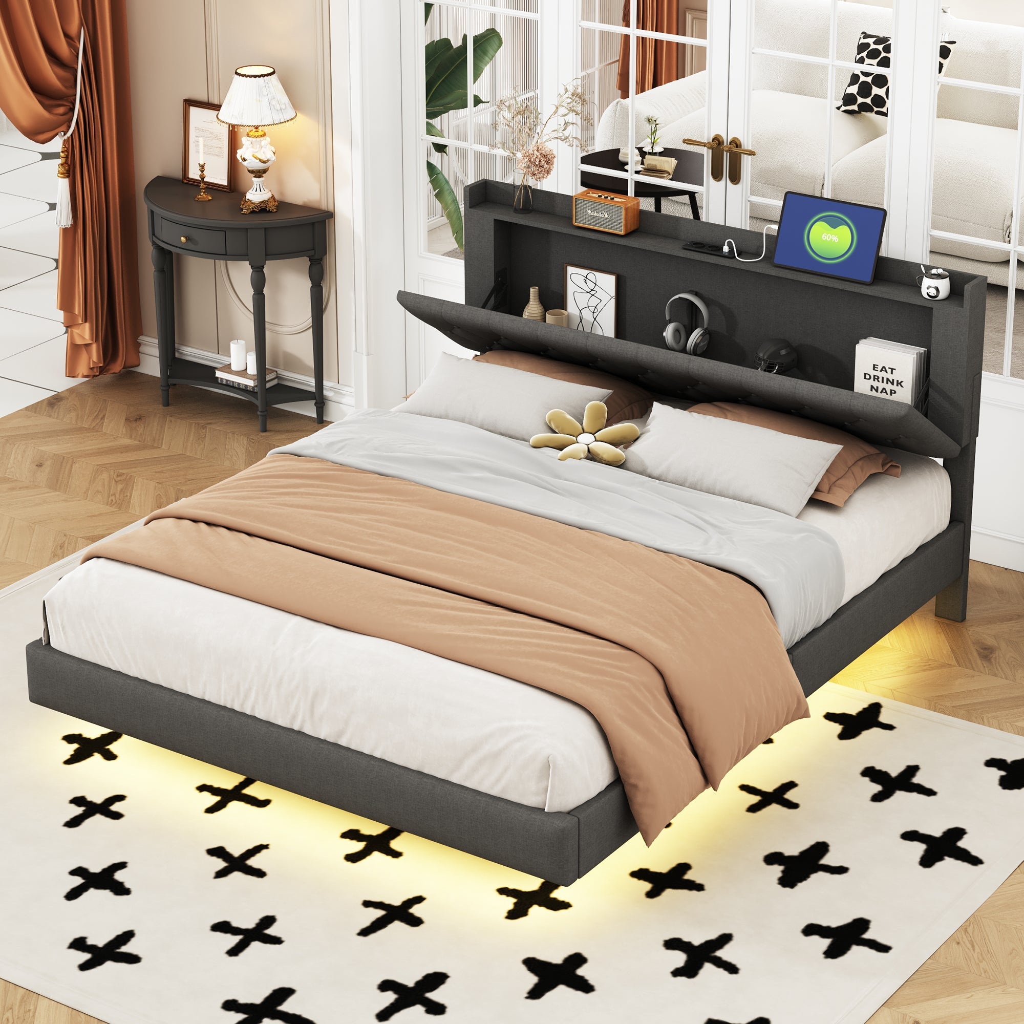 Logidon gestoffeerd bed 160x200 grijs USB-oplaadpoort LED-lichtstrip