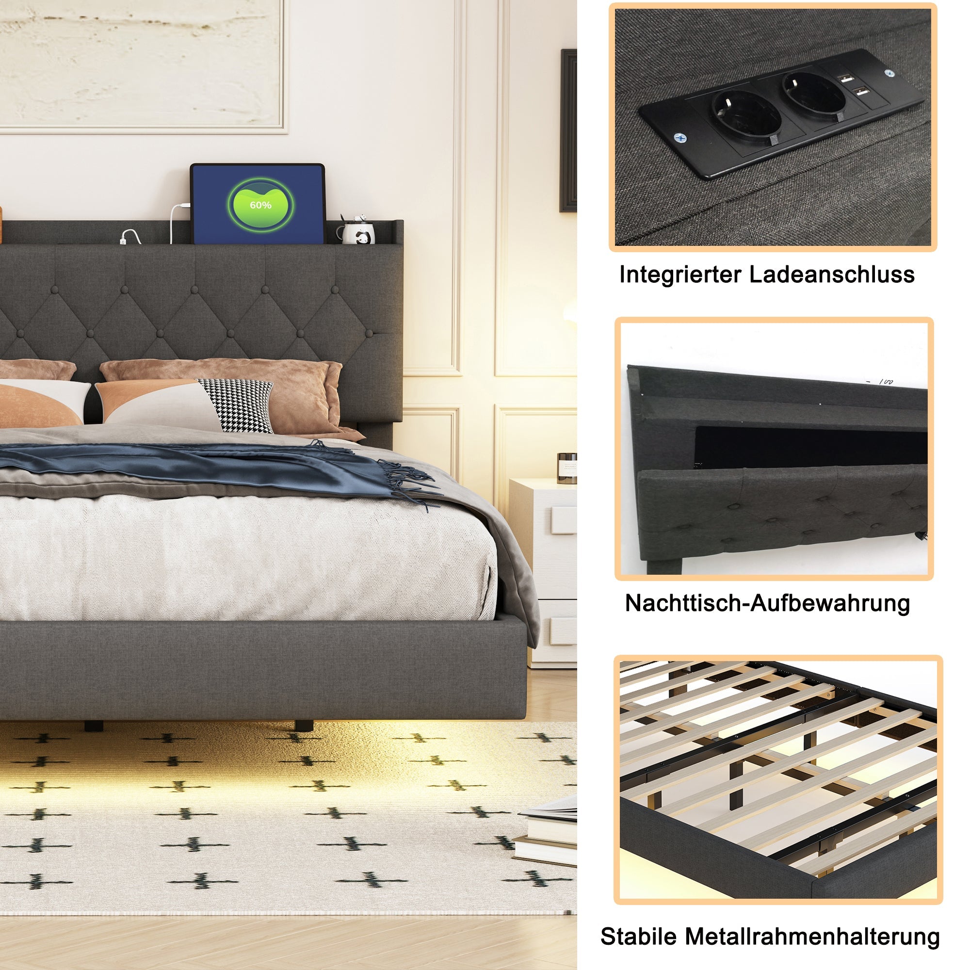 Logidon gestoffeerd bed 140x200 cm grijs met USB oplaadpunt LED lichtstrip