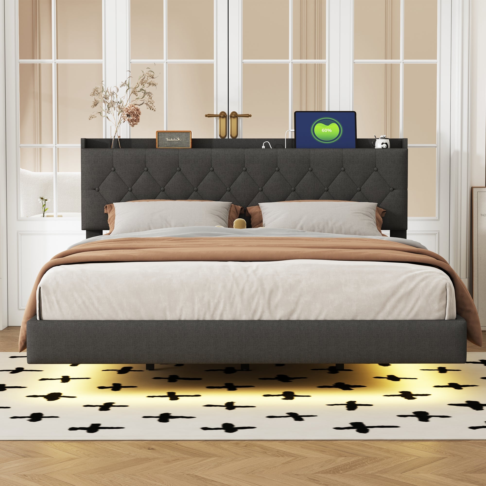 Logidon gestoffeerd bed 160x200 grijs USB-oplaadpoort LED-lichtstrip
