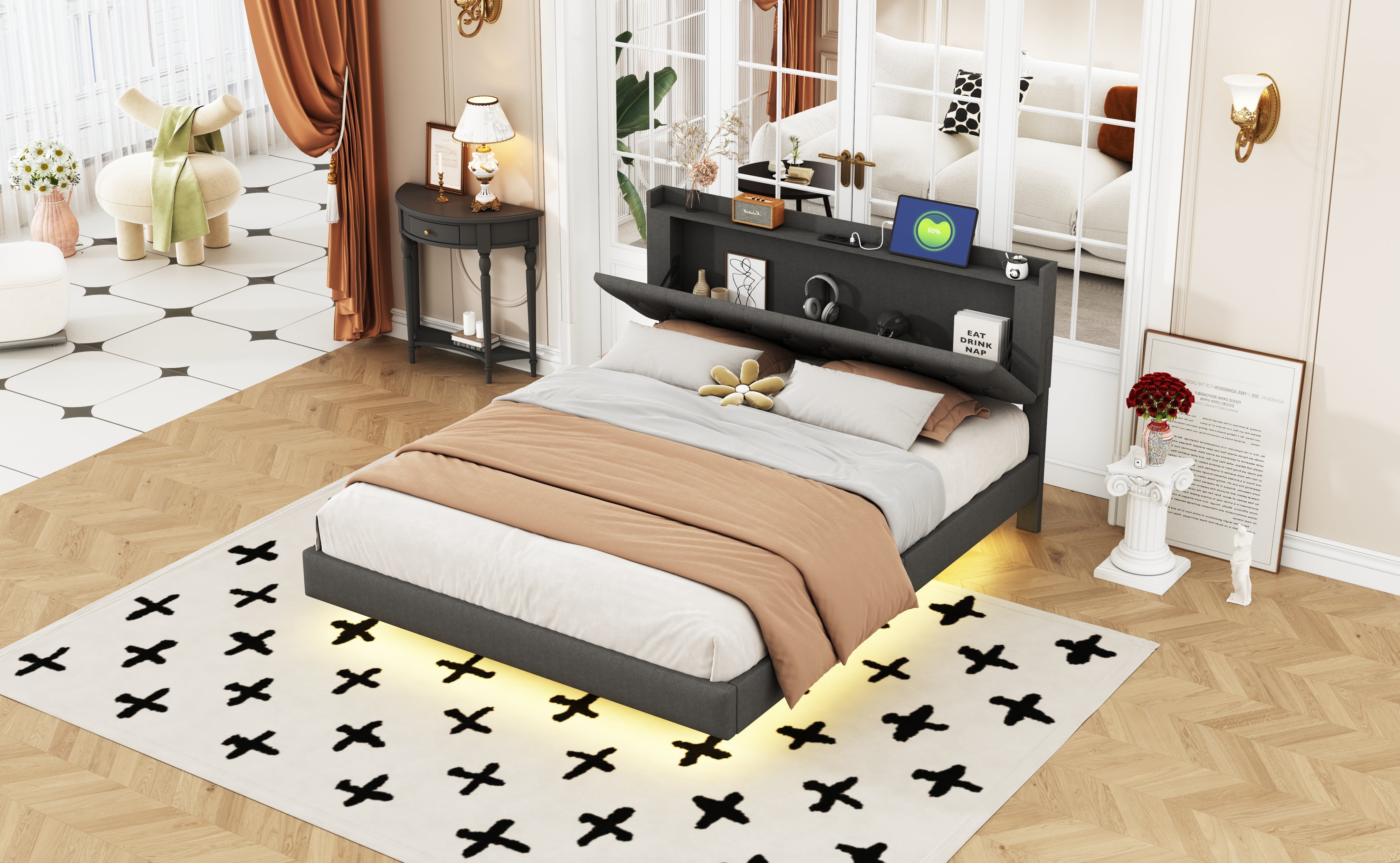 Logidon gestoffeerd bed 160x200 grijs USB-oplaadpoort LED-lichtstrip