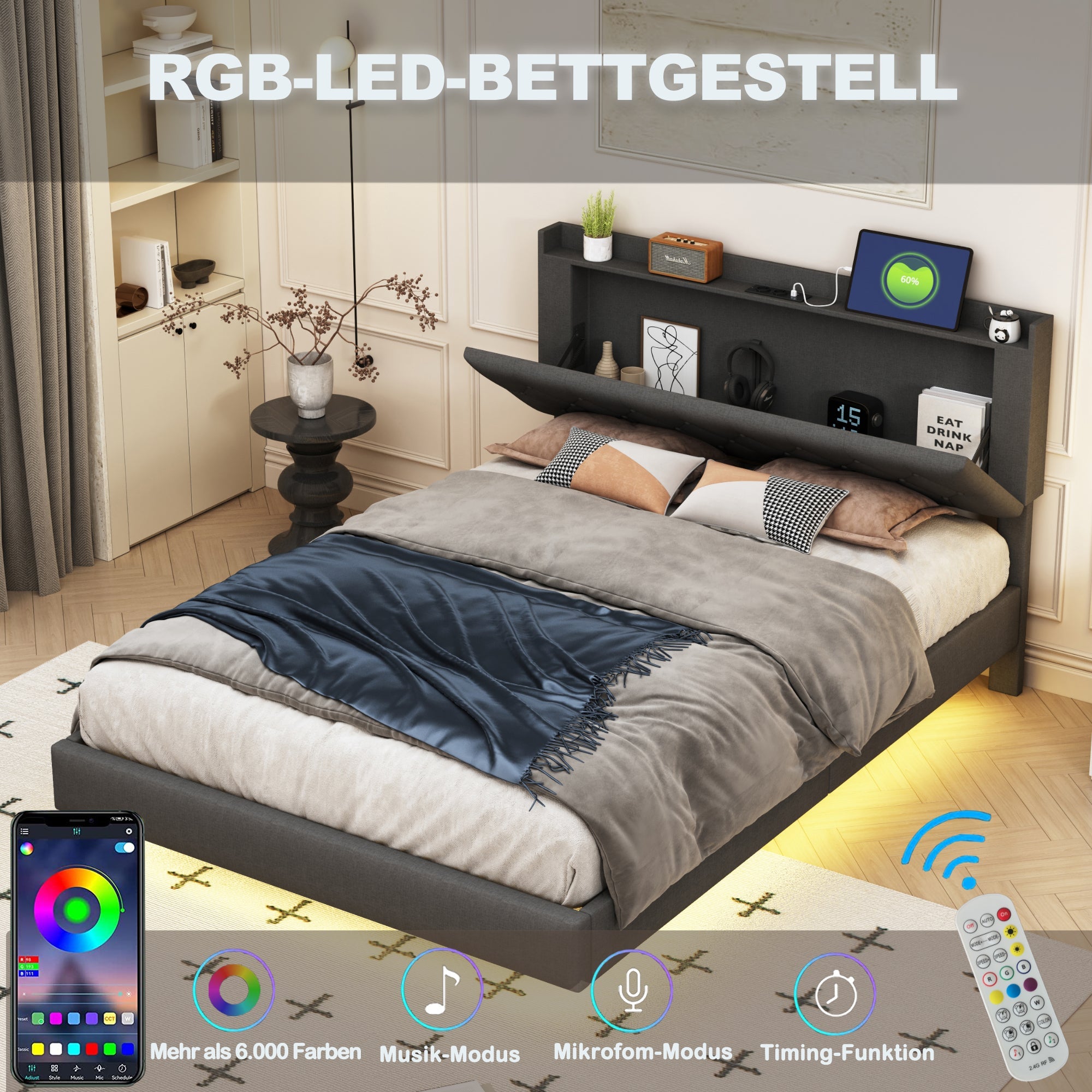 Logidon gestoffeerd bed 140x200 cm grijs met USB oplaadpunt LED lichtstrip