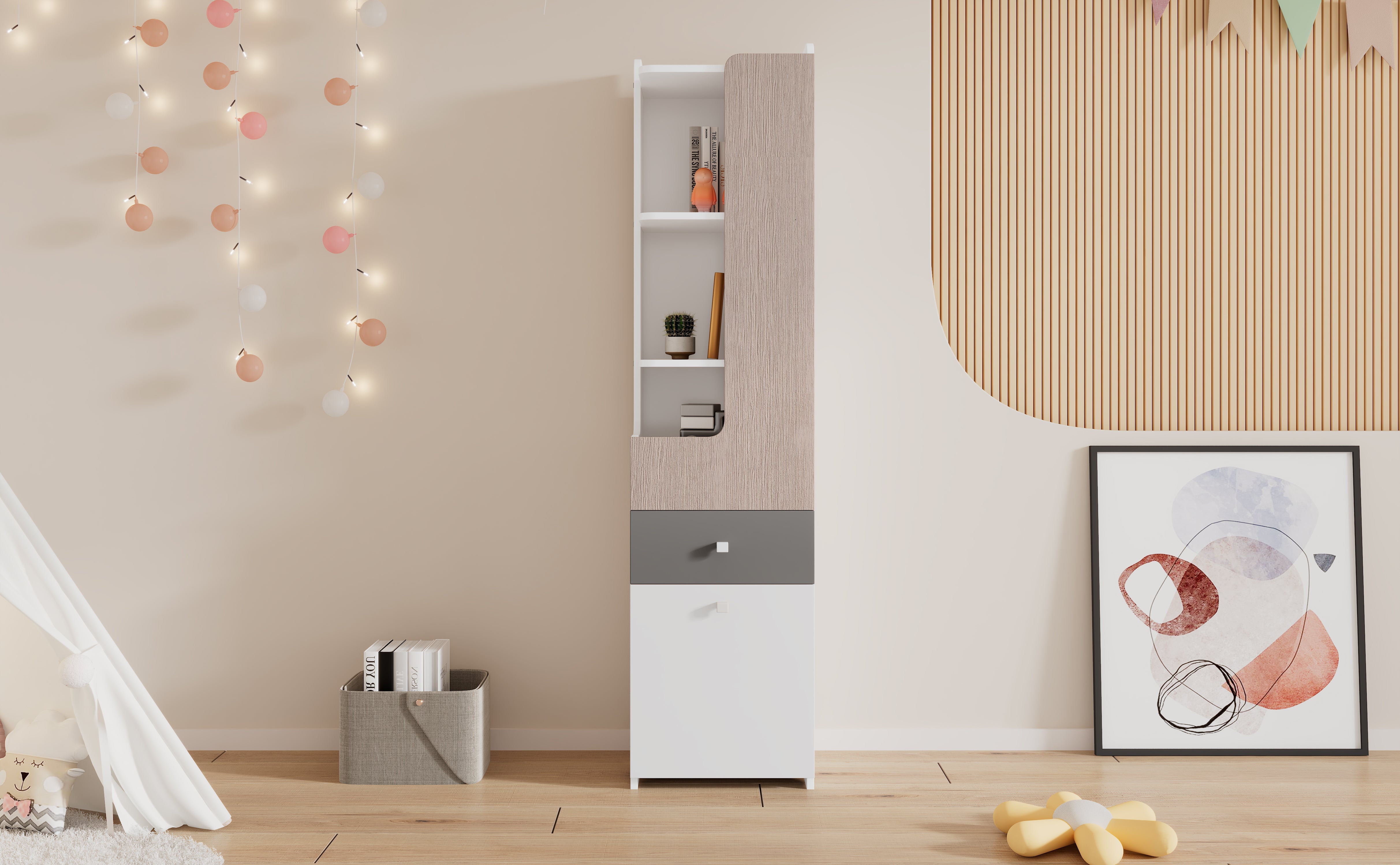 Logidon Tall Bookcase White Gray 184 cm With L-Shaped Door And Drawer