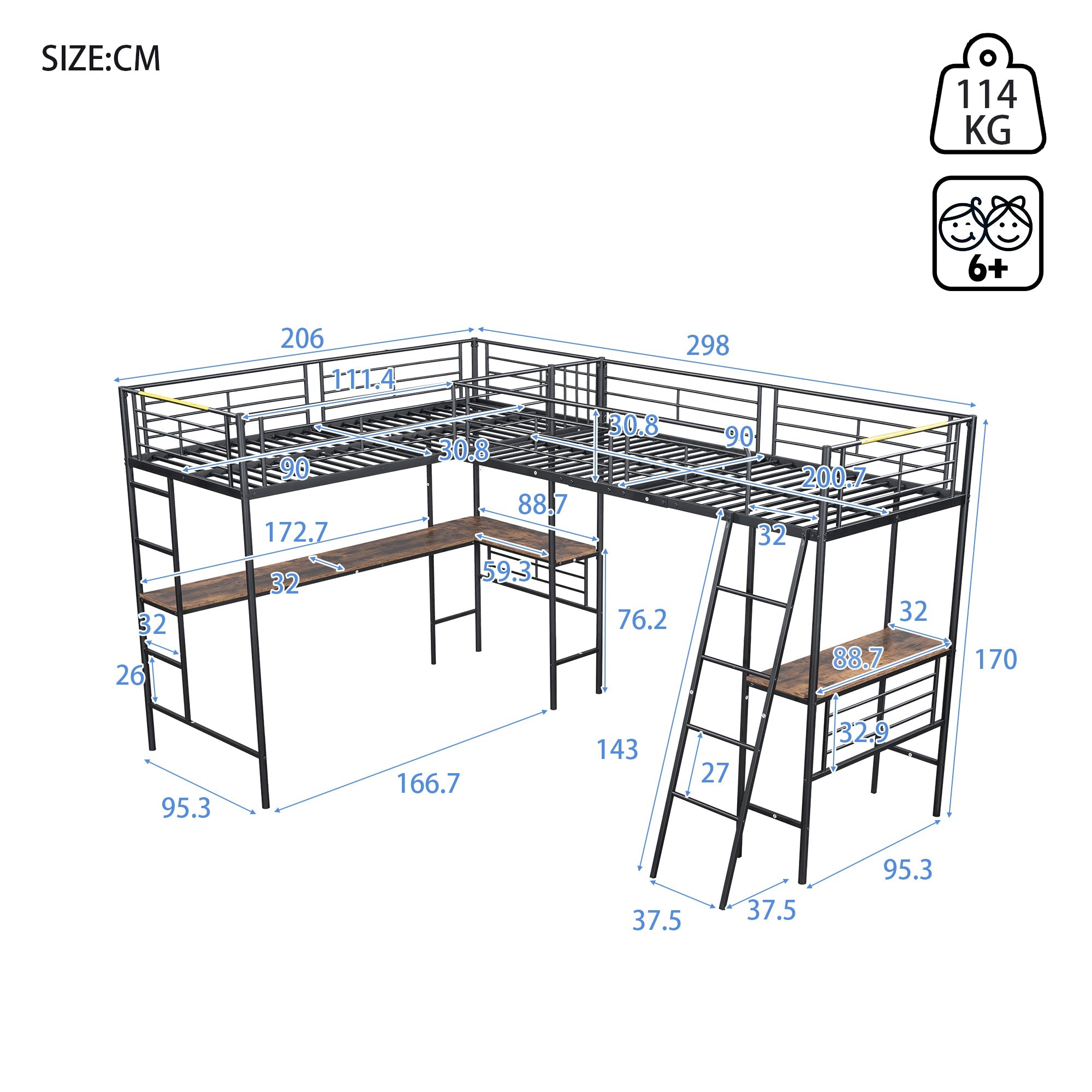 Logidon hoogslaper 90x200 zwart met tafel onder het bed dubbele trap