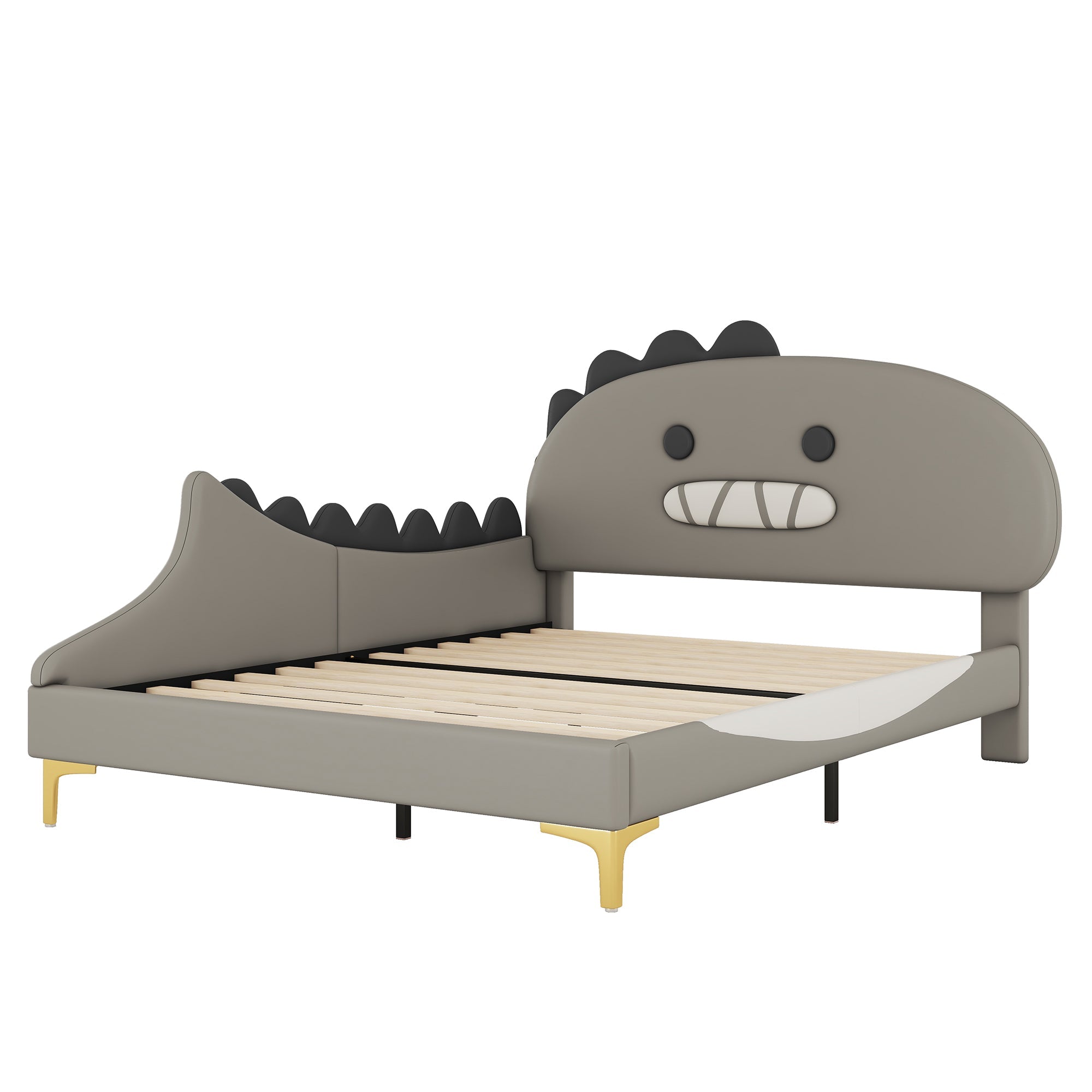 Logidon kinderbed 140x200 grijs dinosaurusvormig plat bed PU-materiaal