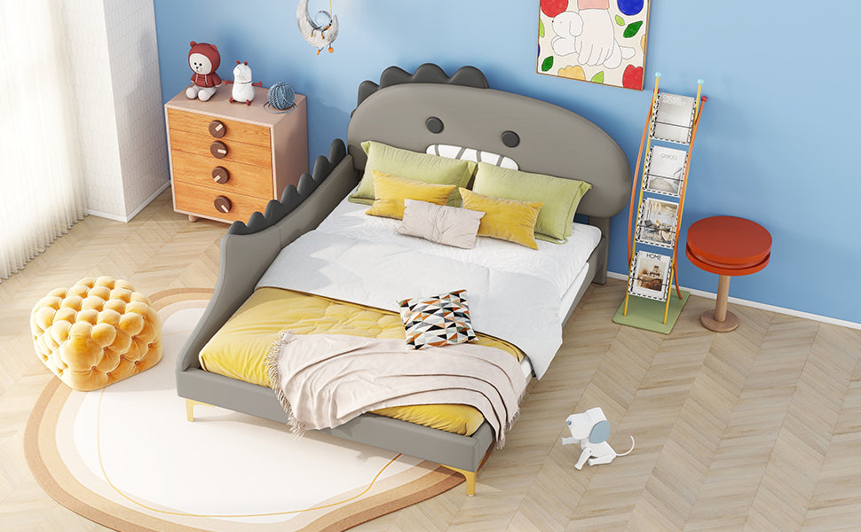 Logidon kinderbed 140x200 grijs dinosaurusvormig plat bed PU-materiaal