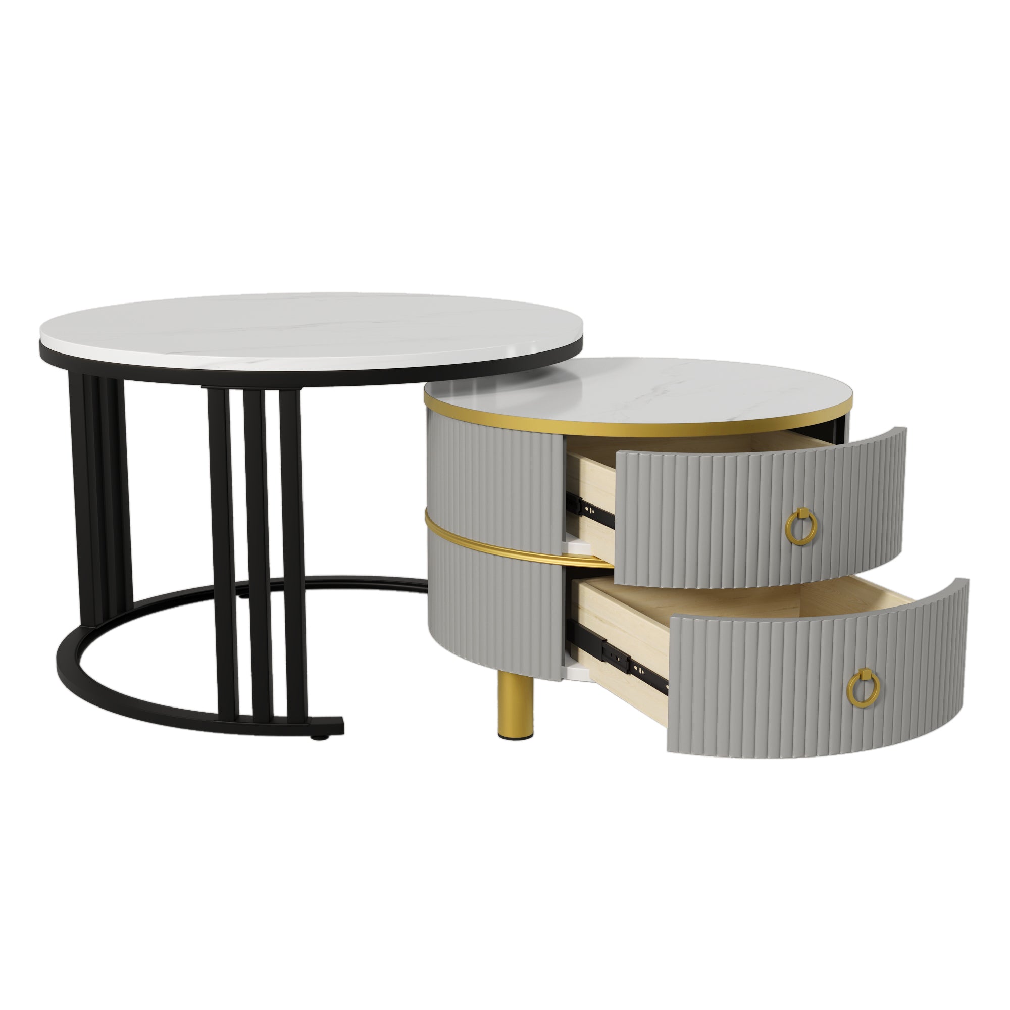 Logidon 2-in-1 ronde MDF salontafelset grijs glanzend blad 70x70 + 50x50 cm