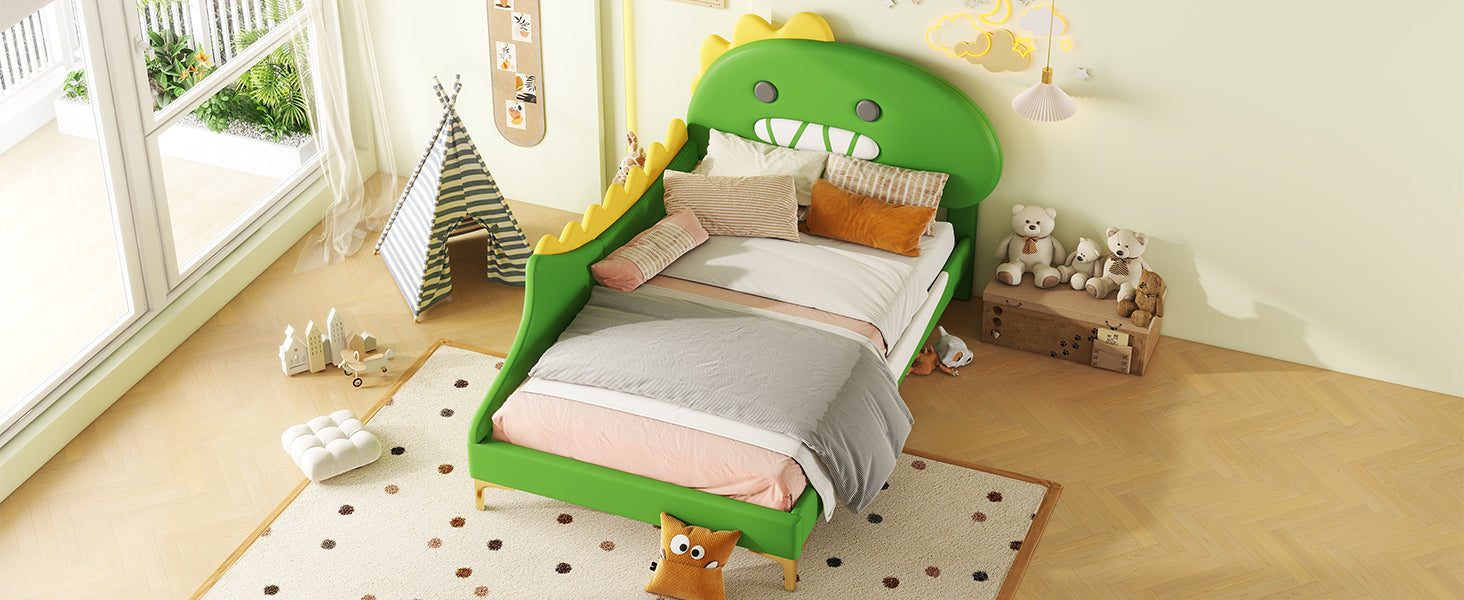 Logidon kinderbed 90x200 cm cartoon dinosaurus hoofdeinde kunstleer groen