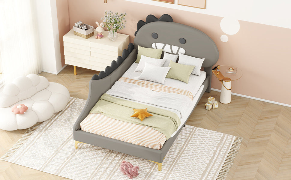 Logidon 90x200 cm kinderbed dinosaurus hoofdbord grijs plat bed
