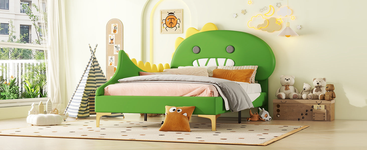 Logidon kinderbed 90x200 cm cartoon dinosaurus hoofdeinde kunstleer groen