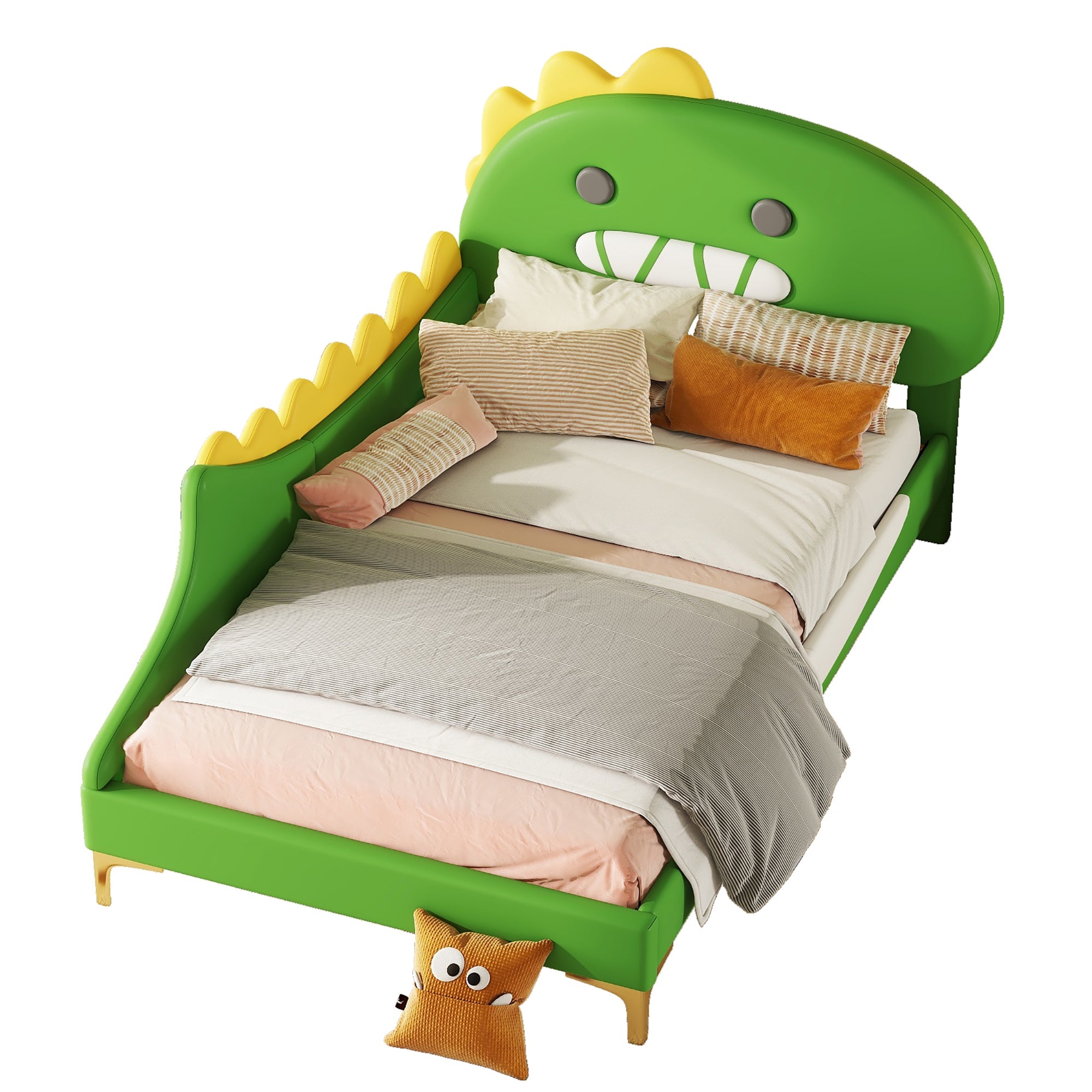 Logidon kinderbed 90x200 cm cartoon dinosaurus hoofdeinde kunstleer groen