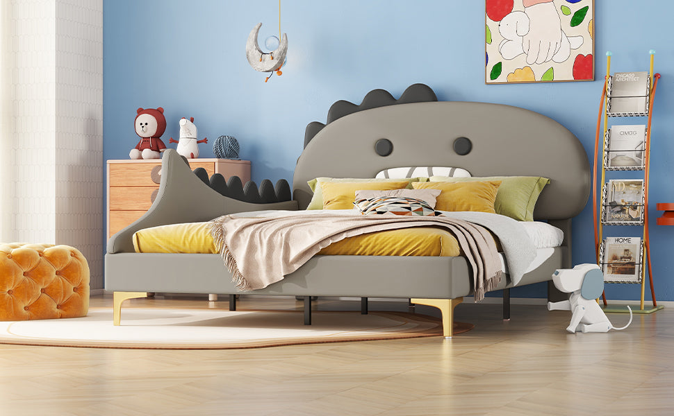 Logidon kinderbed 140x200 grijs dinosaurusvormig plat bed PU-materiaal