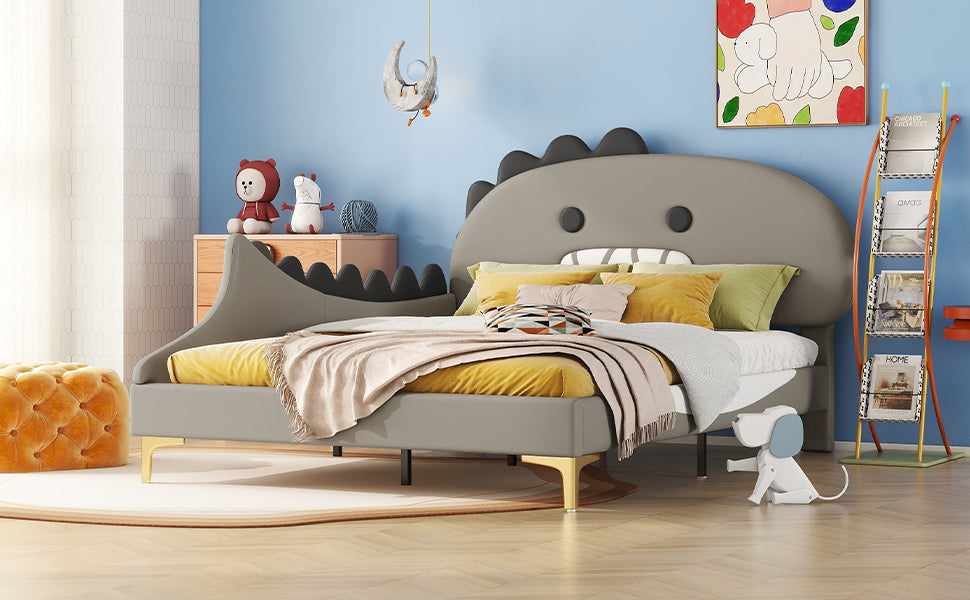 Logidon kinderbed 140x200 grijs dinosaurusvormig plat bed PU-materiaal