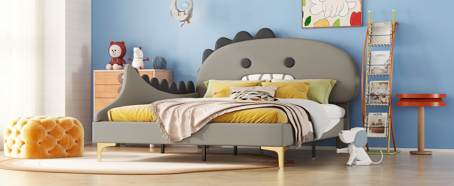 Logidon kinderbed 140x200 grijs dinosaurusvormig plat bed PU-materiaal