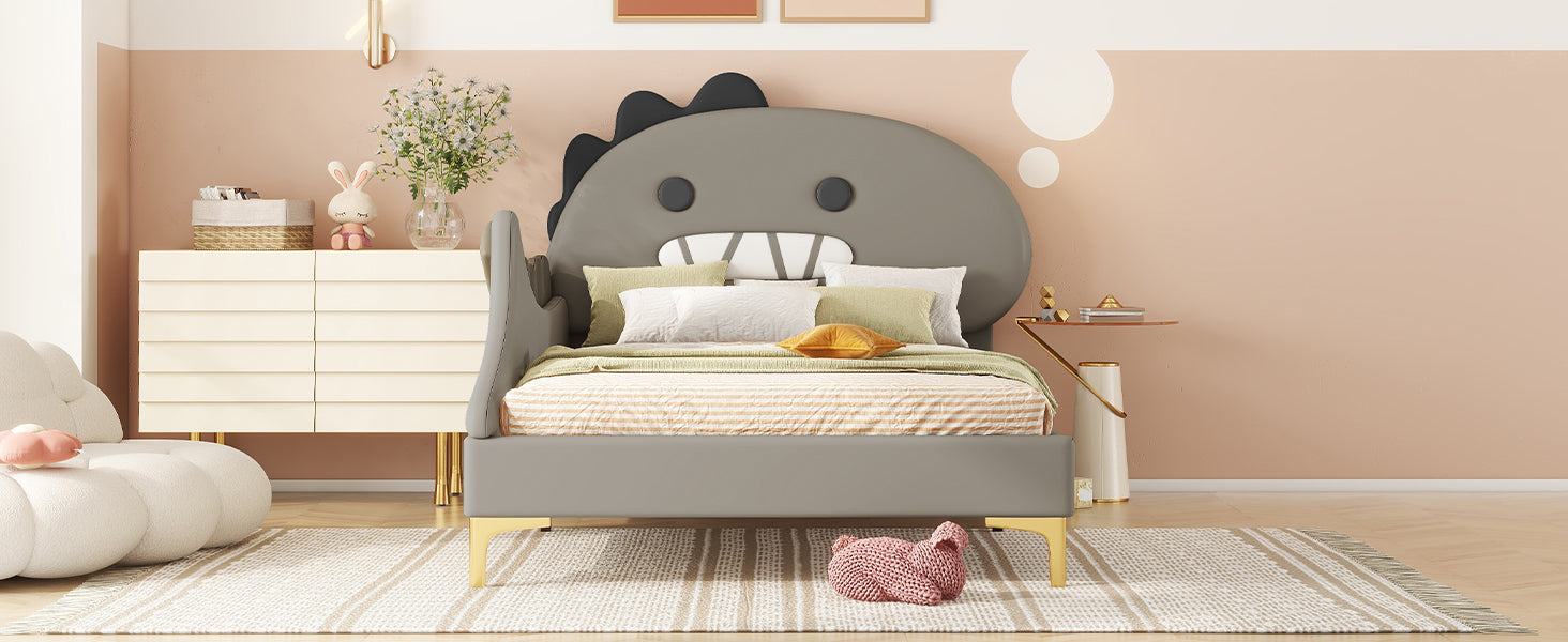 Logidon 90x200 cm kinderbed dinosaurus hoofdbord grijs plat bed