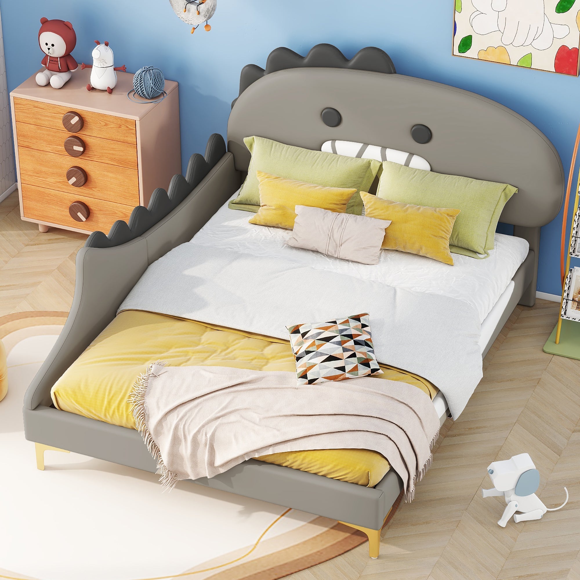 Logidon kinderbed 140x200 grijs dinosaurusvormig plat bed PU-materiaal