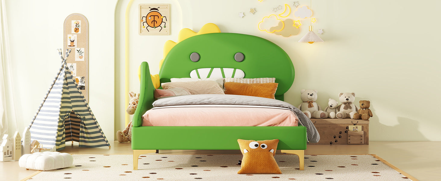 Logidon kinderbed 90x200 cm cartoon dinosaurus hoofdeinde kunstleer groen