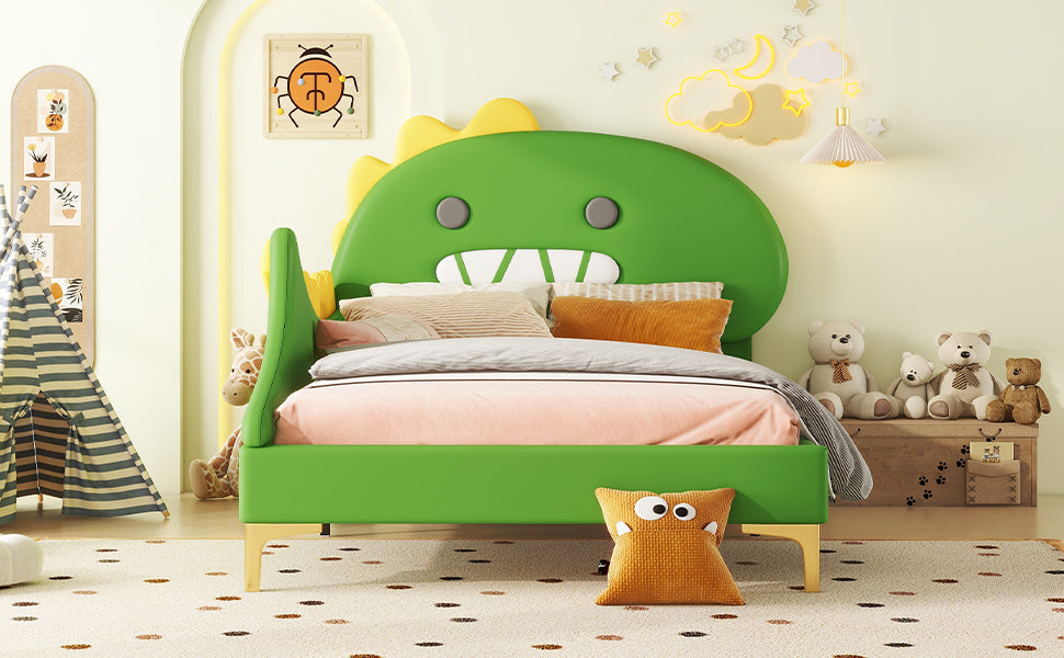 Logidon kinderbed 90x200 cm cartoon dinosaurus hoofdeinde kunstleer groen