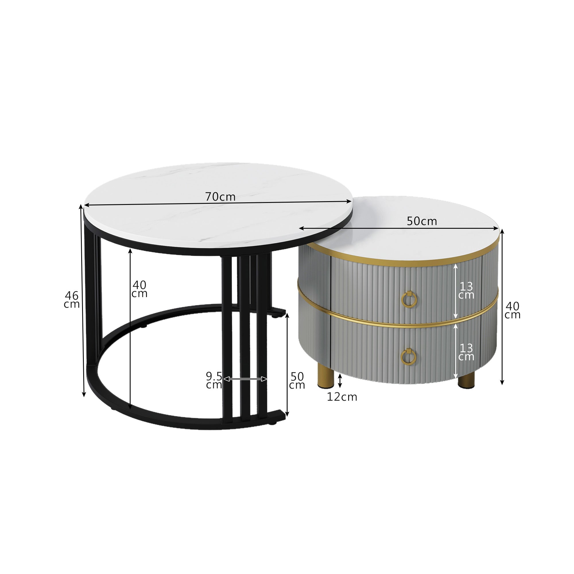 Logidon 2-in-1 ronde MDF salontafelset grijs glanzend blad 70x70 + 50x50 cm
